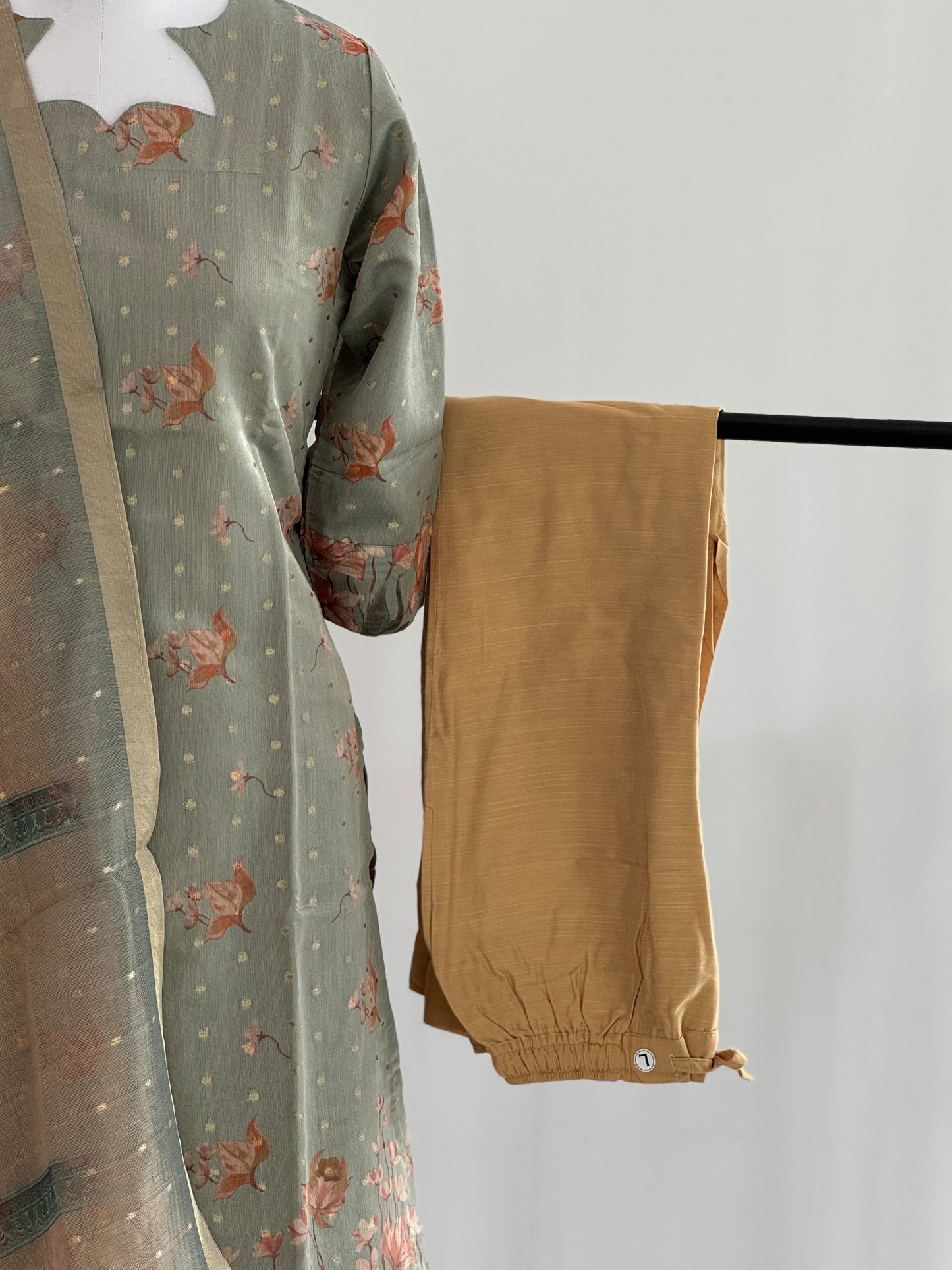 Camouflage Green with Golden Butta Tissue Chanderi 3 Piece Set