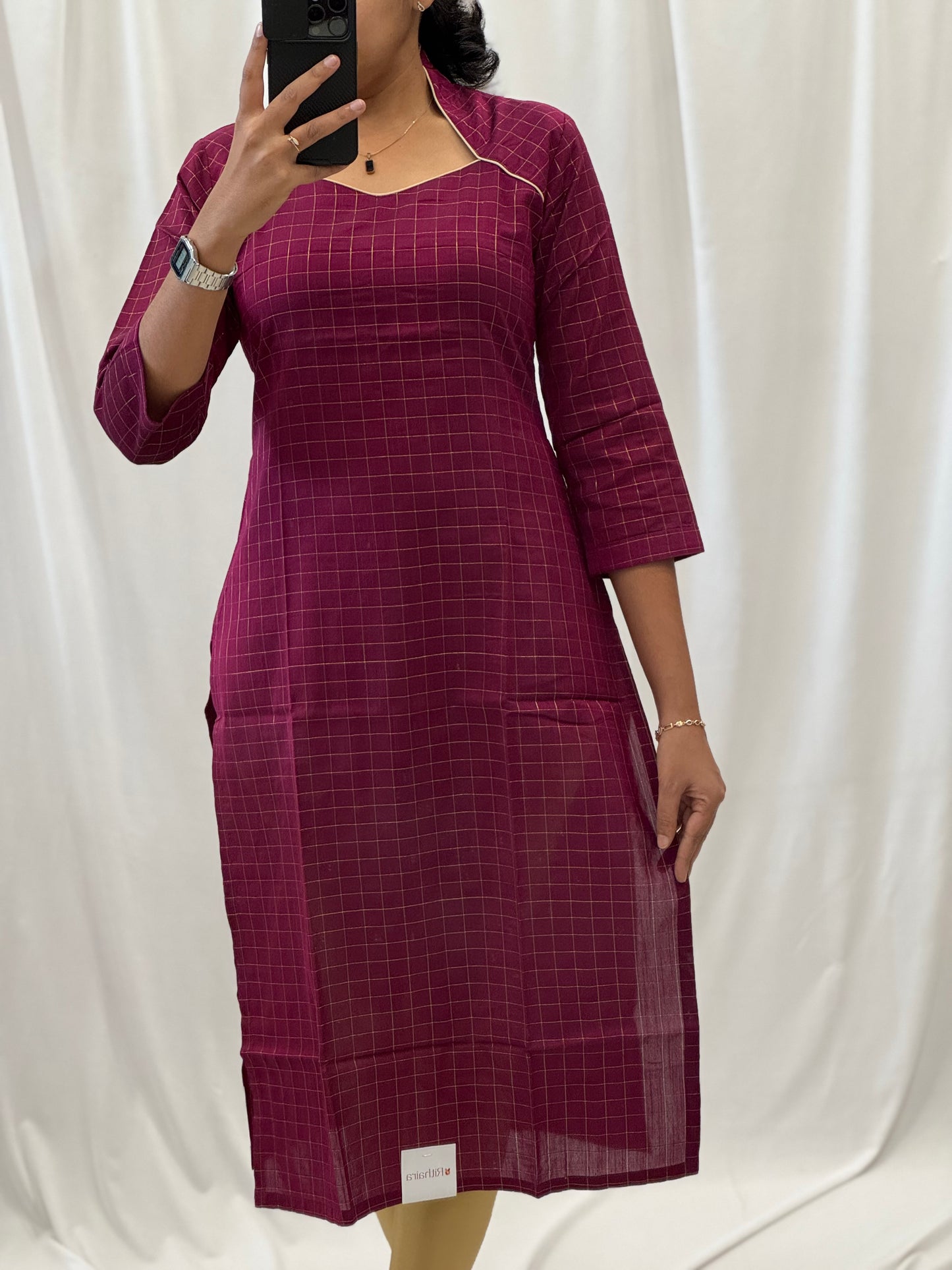 Checked Zari Raw Silk Straight Kurti