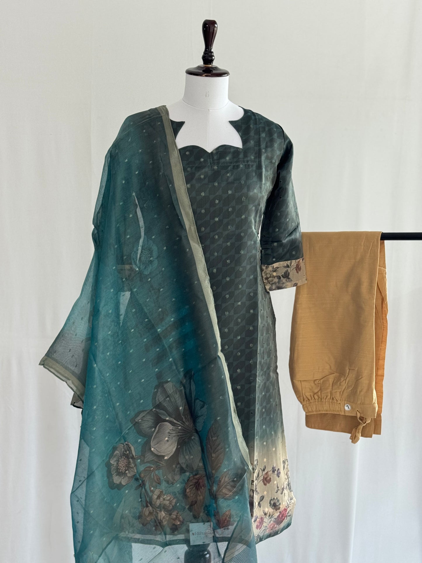 Black Olive with Pearl Border Tissue chanderi 3 Piece Set