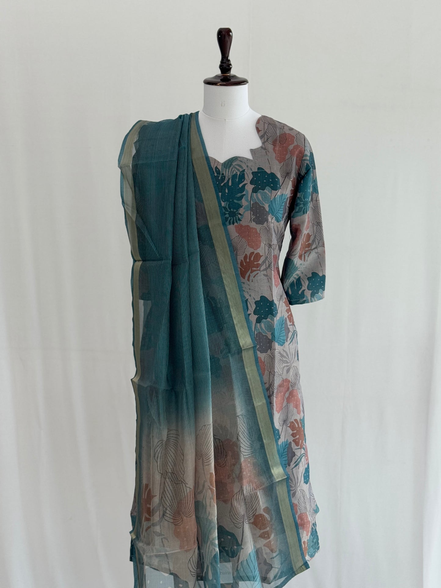 Cadet Blue Floral Soft Tissue Chanderi 3 Piece Set