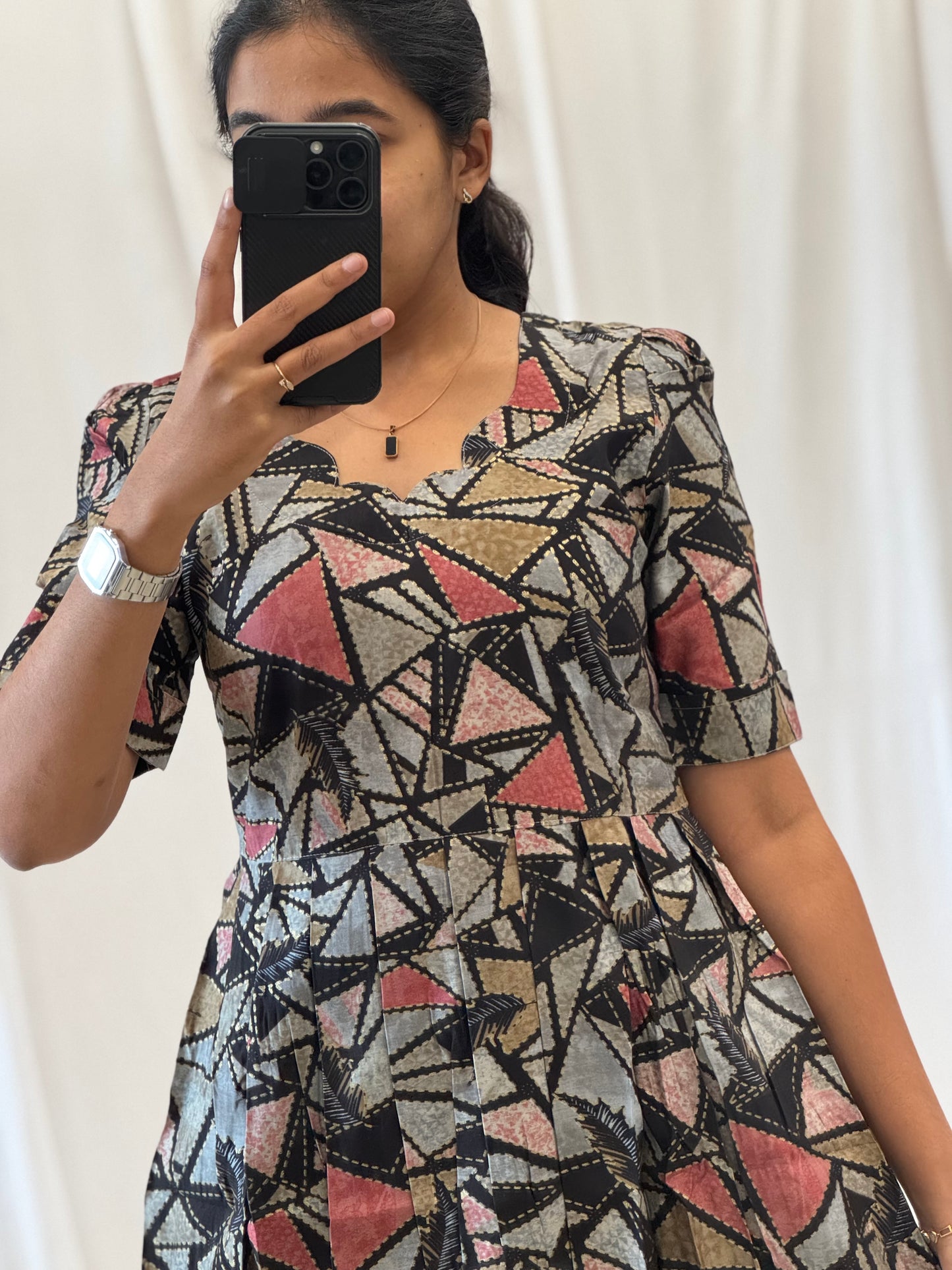 Geometric Printed Modal Chanderi Umbrella Kurti