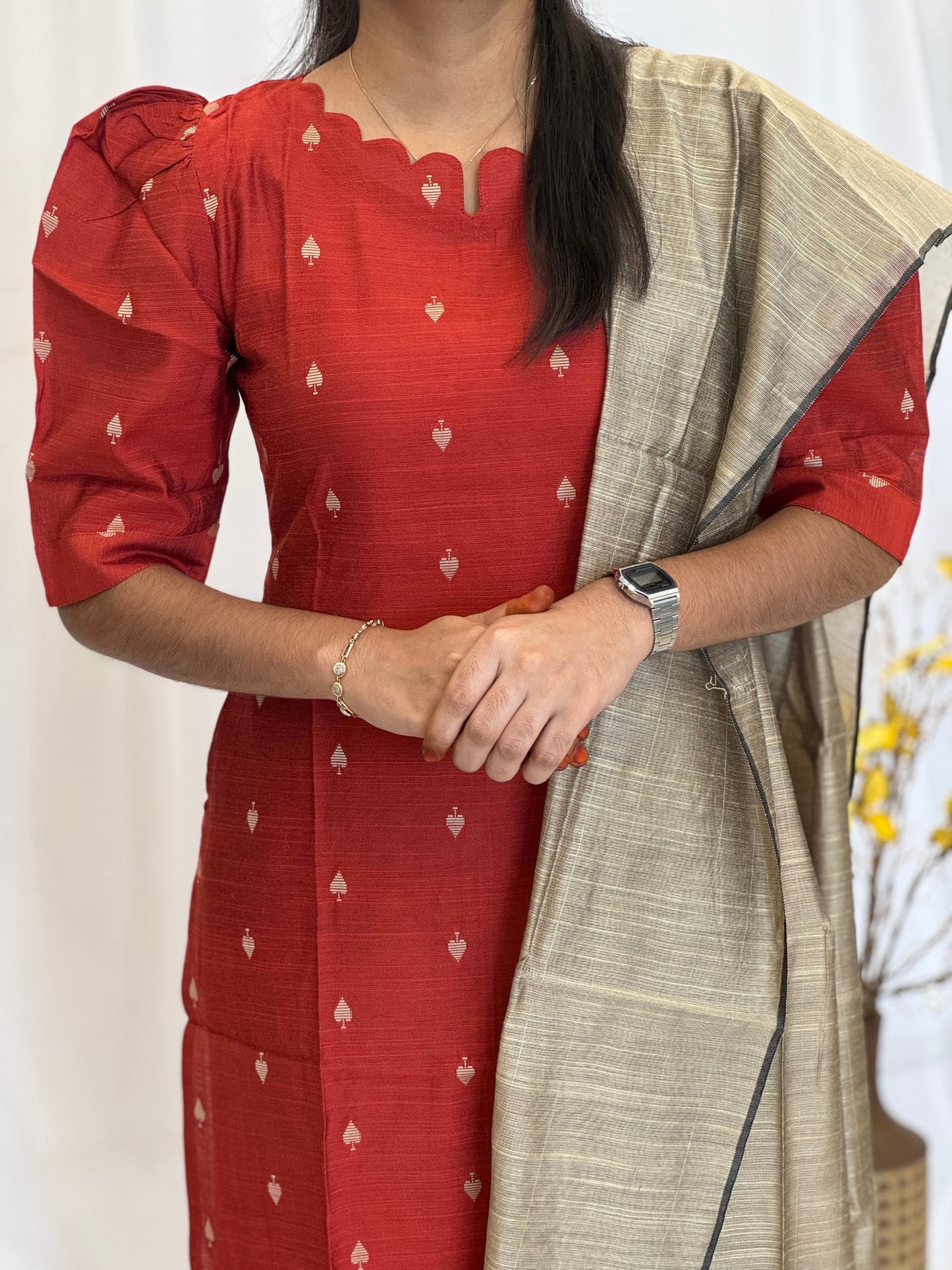Handwoven Raw silk 3-Piece Set with Puff Sleeve