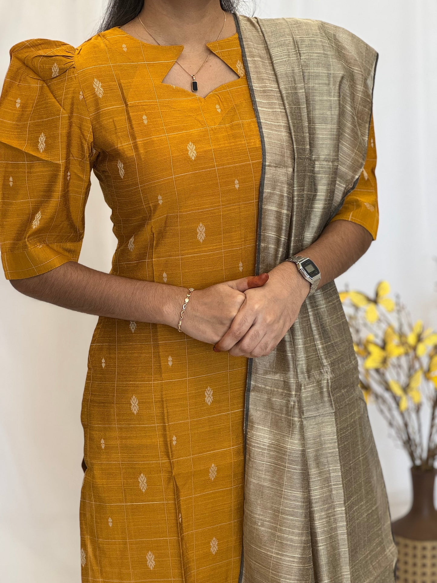 Handwoven Raw silk 3-Piece Set with Puff Sleeve