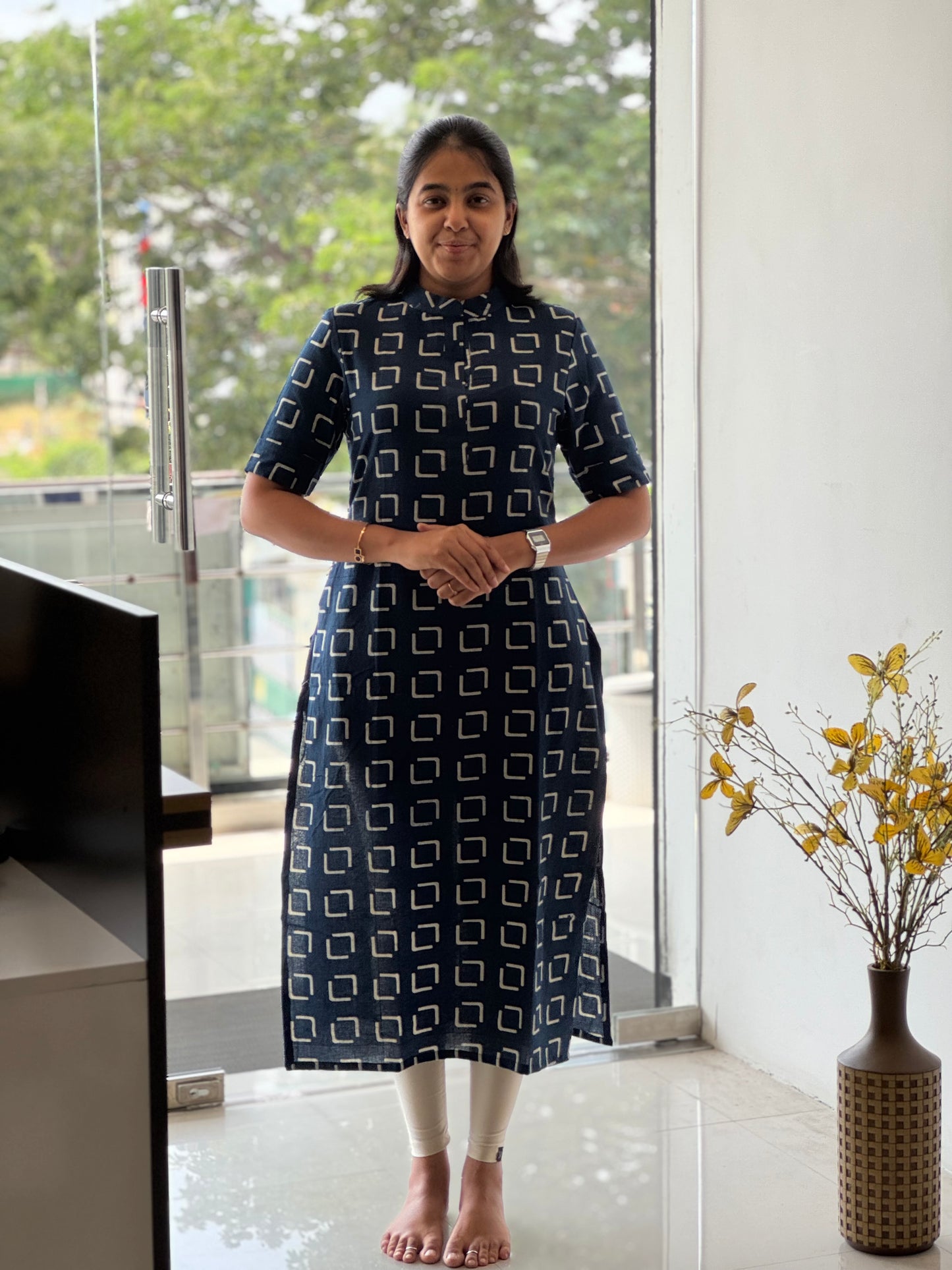 Indigo Handblock Cotton Kurti with Chinese Collar