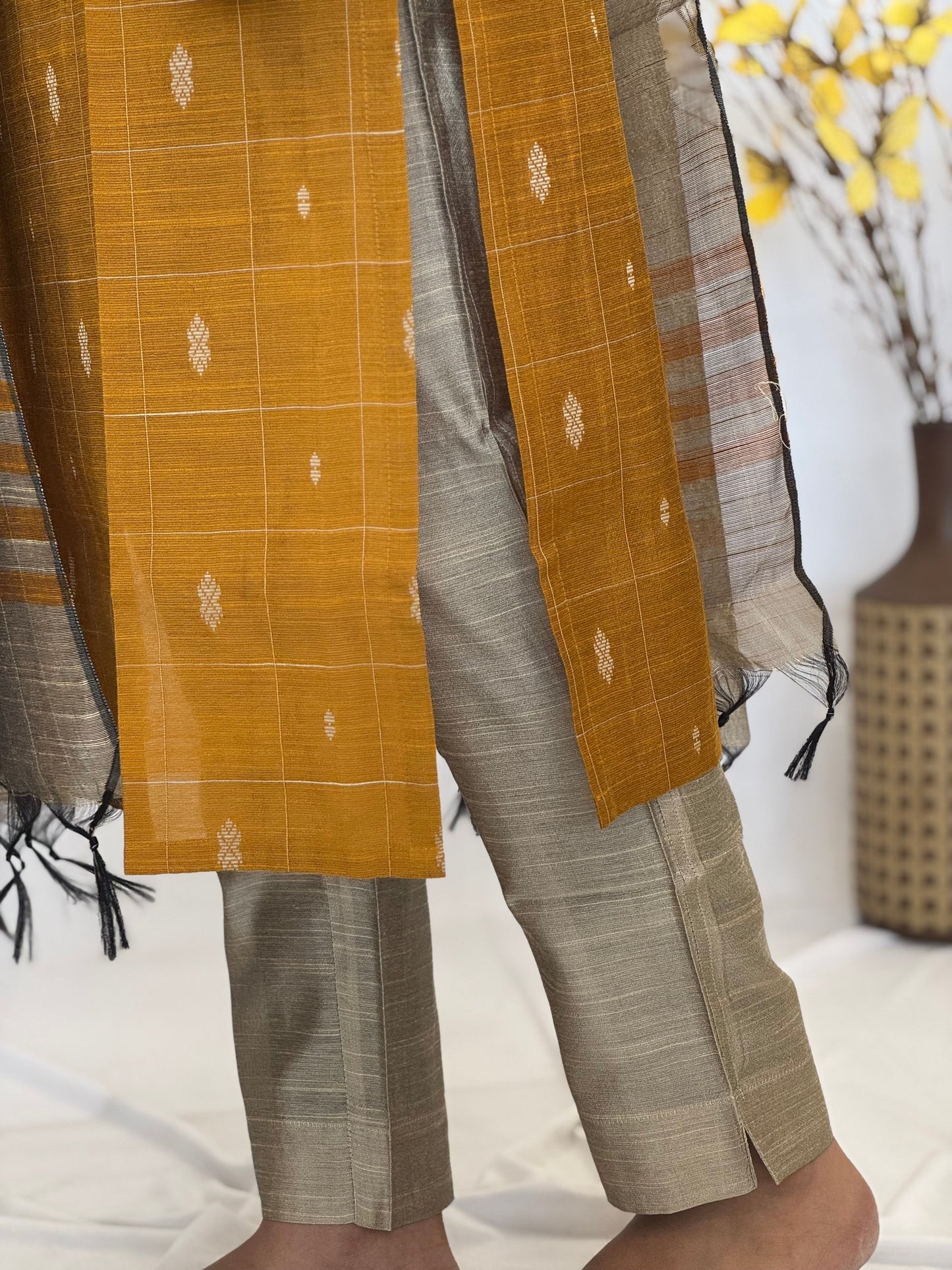 Handwoven Raw silk 3-Piece Set with Puff Sleeve