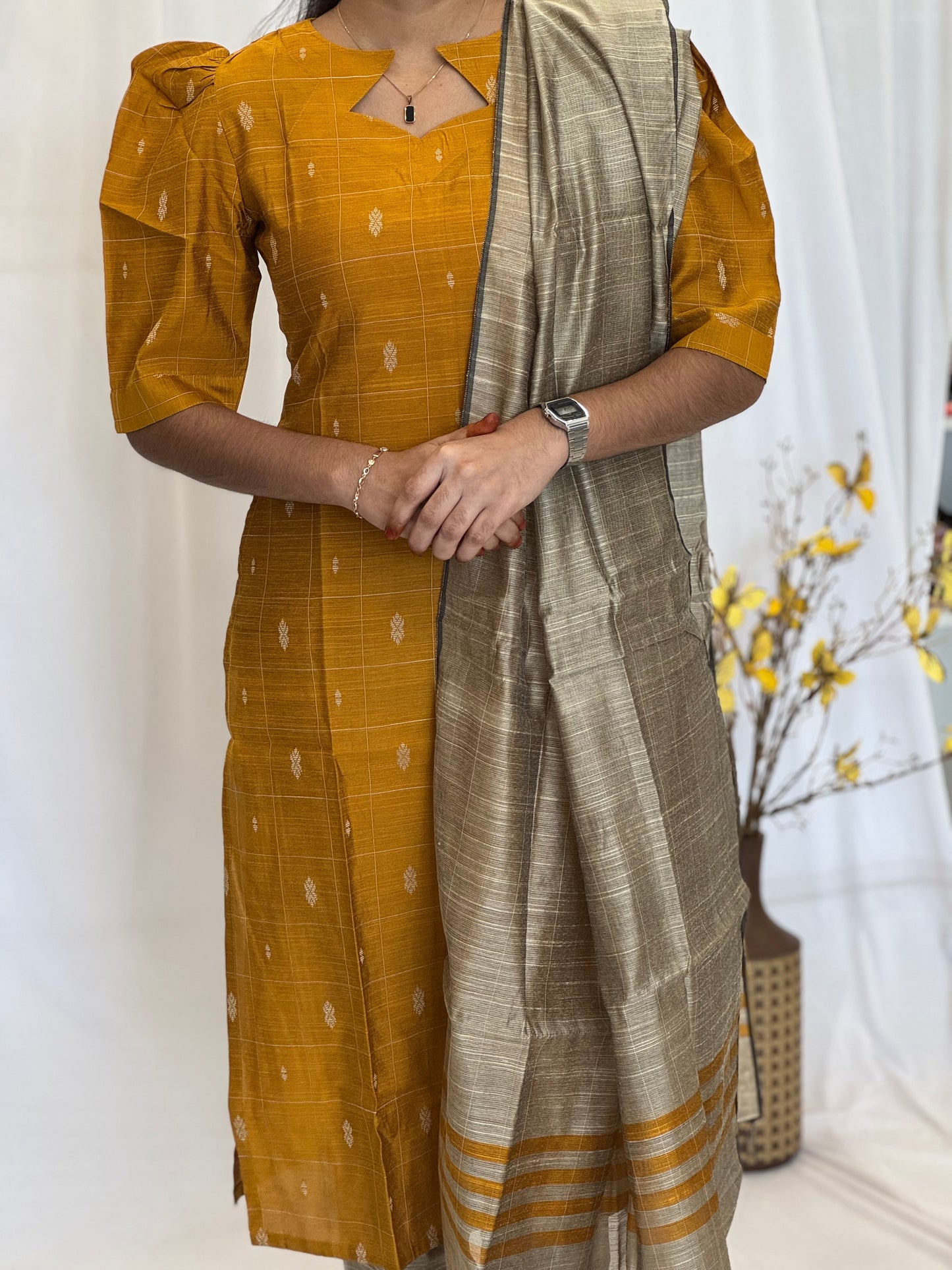 Handwoven Raw silk 3-Piece Set with Puff Sleeve