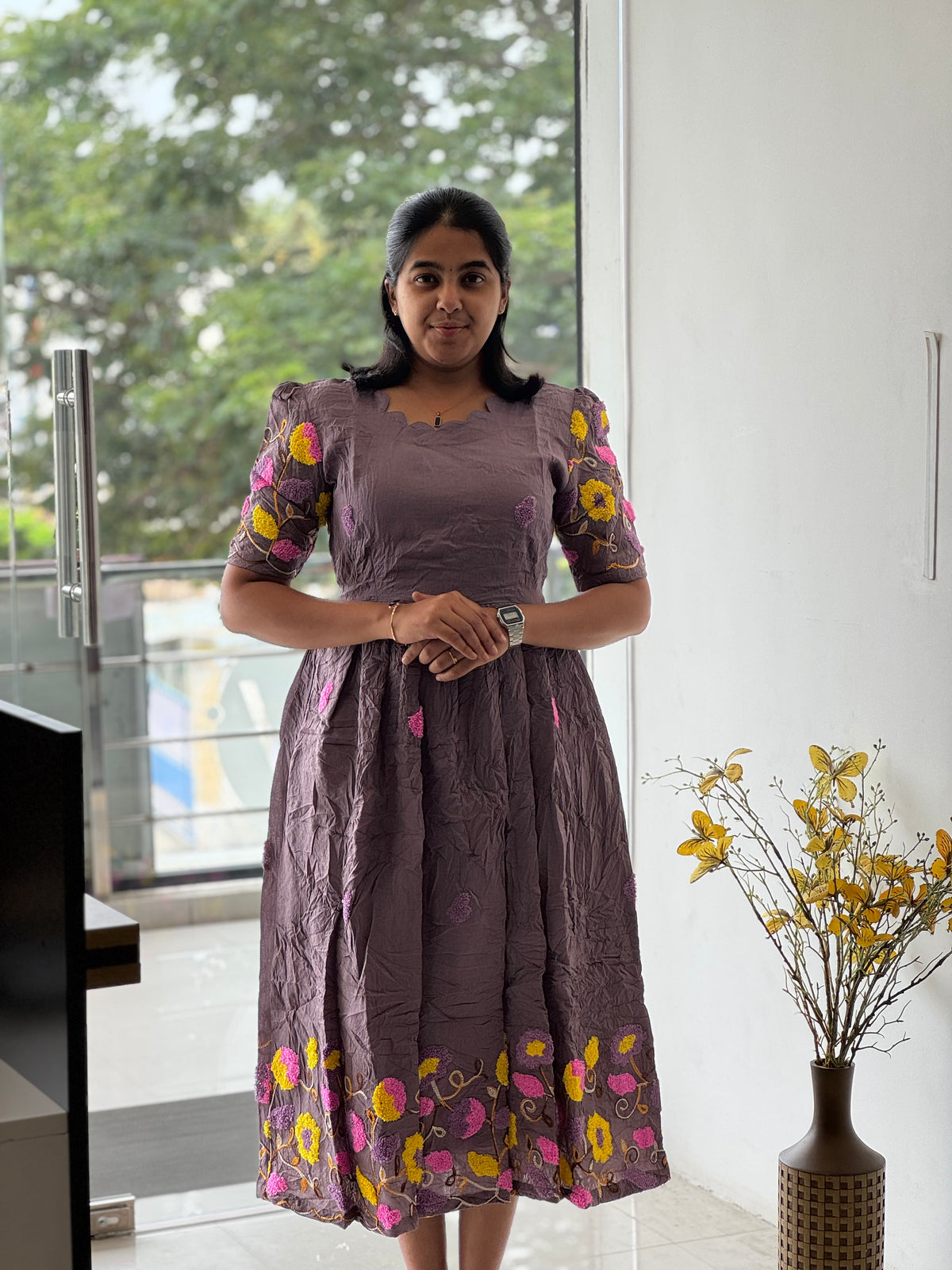 Embosed Embroidered Crush Cotton Maxi with Full Lining