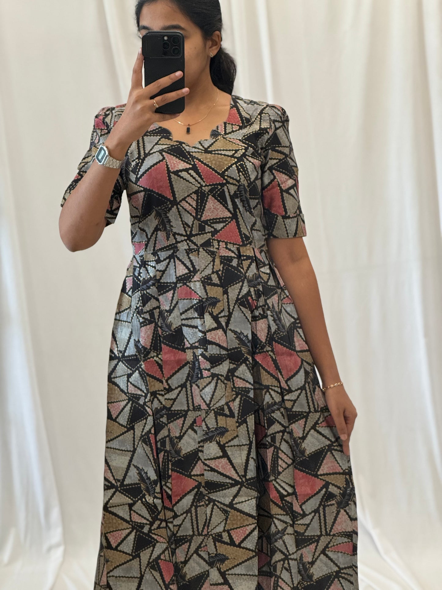 Geometric Printed Modal Chanderi Umbrella Kurti