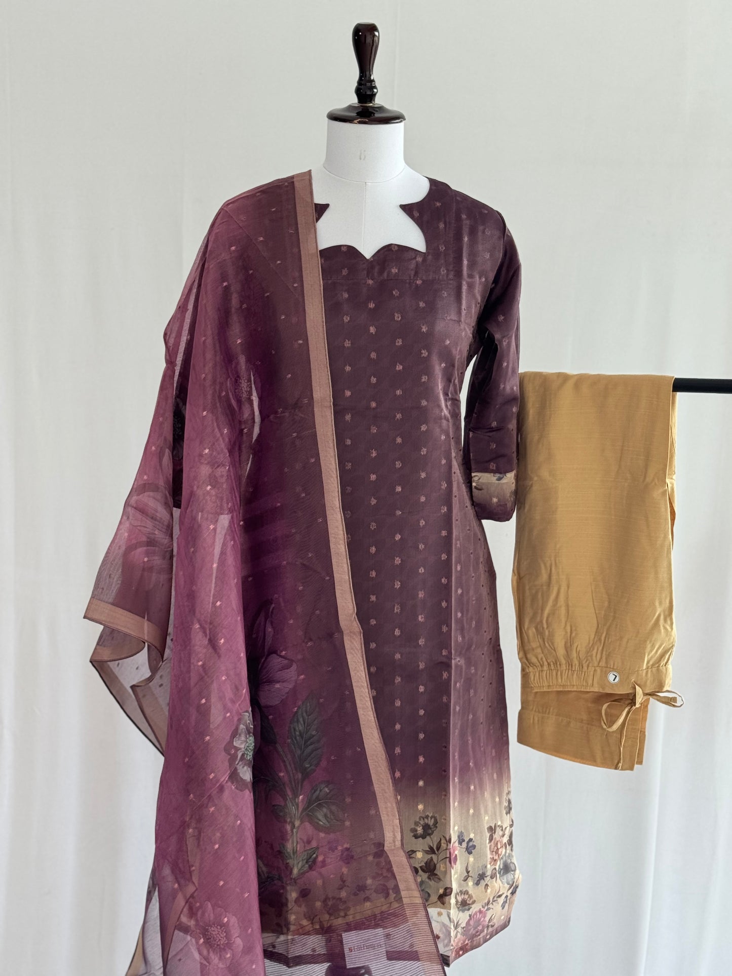 Old Burgundy with Pearl Border Tissue chanderi 3 Piece Set