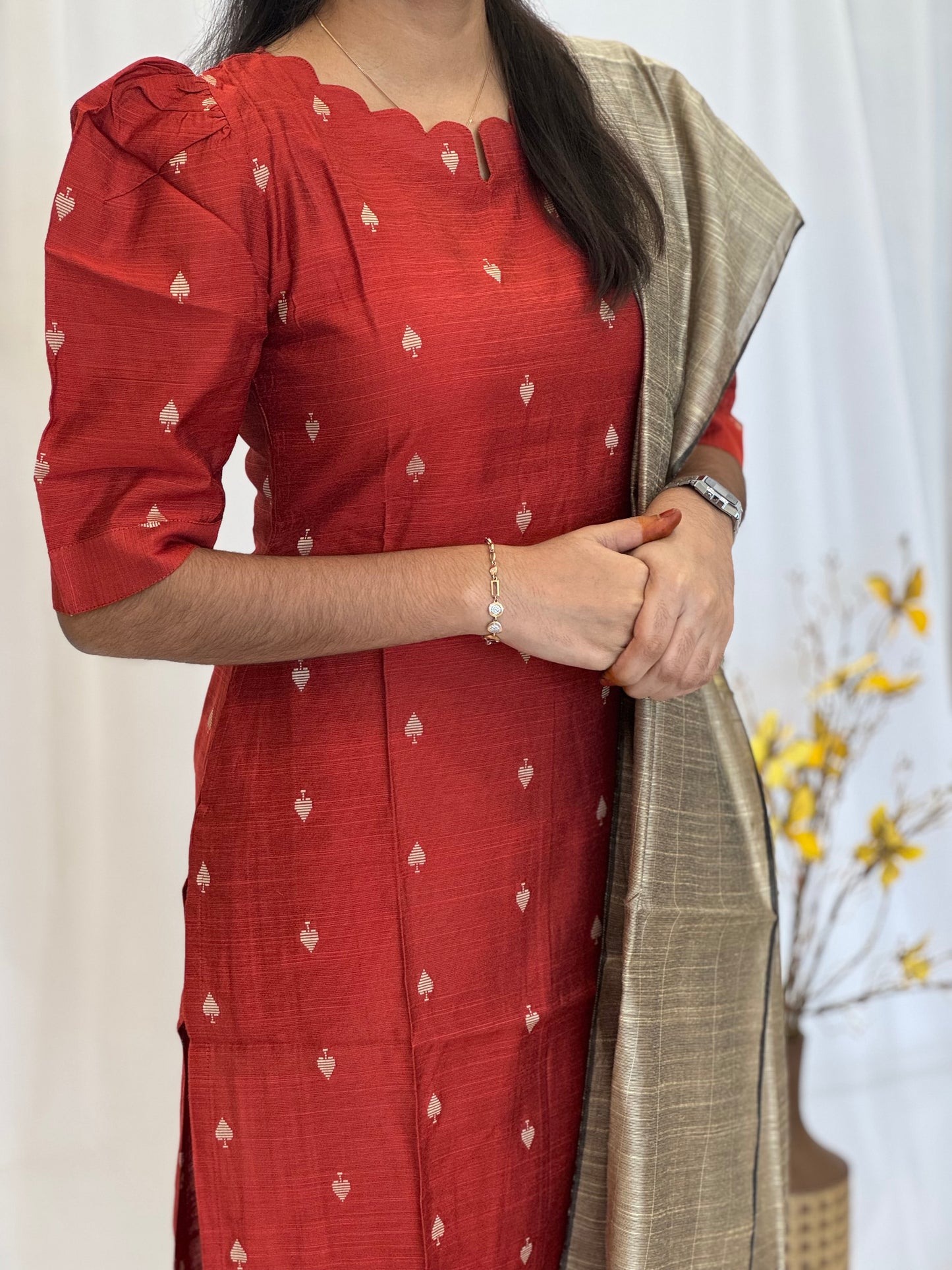 Handwoven Raw silk 3-Piece Set with Puff Sleeve