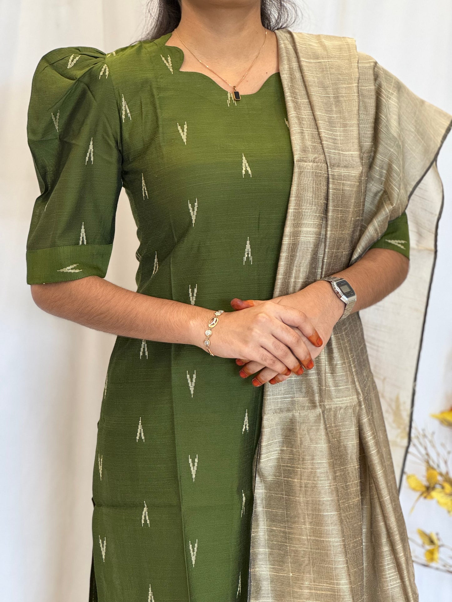 Handwoven Raw silk 3-Piece Set with Puff Sleeve