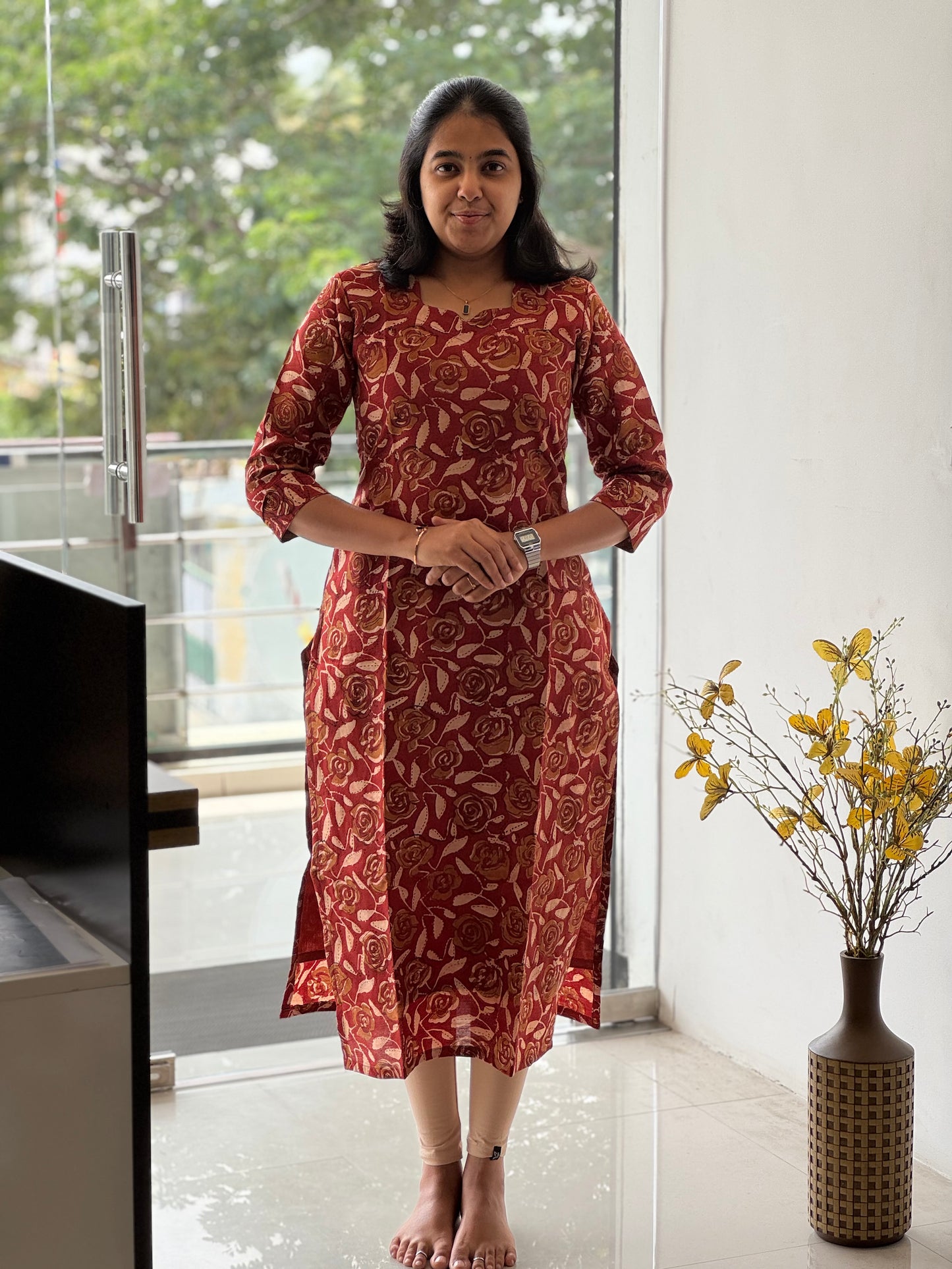Wine Red Chanderi Cotton Kurti with Lining