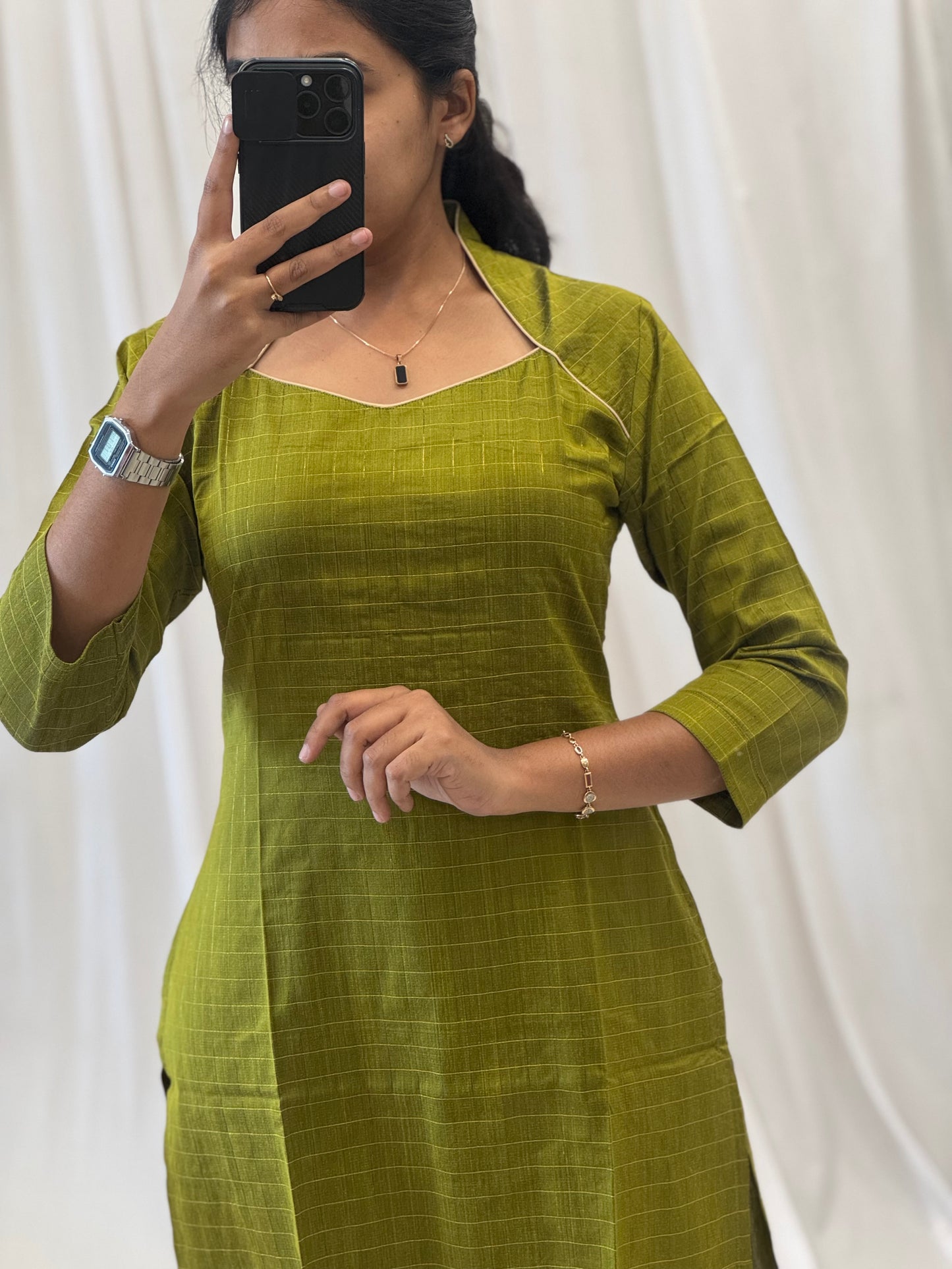 Checked Zari Raw Silk Straight Kurti