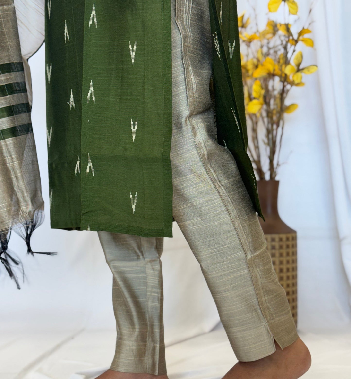 Handwoven Raw silk 3-Piece Set with Puff Sleeve
