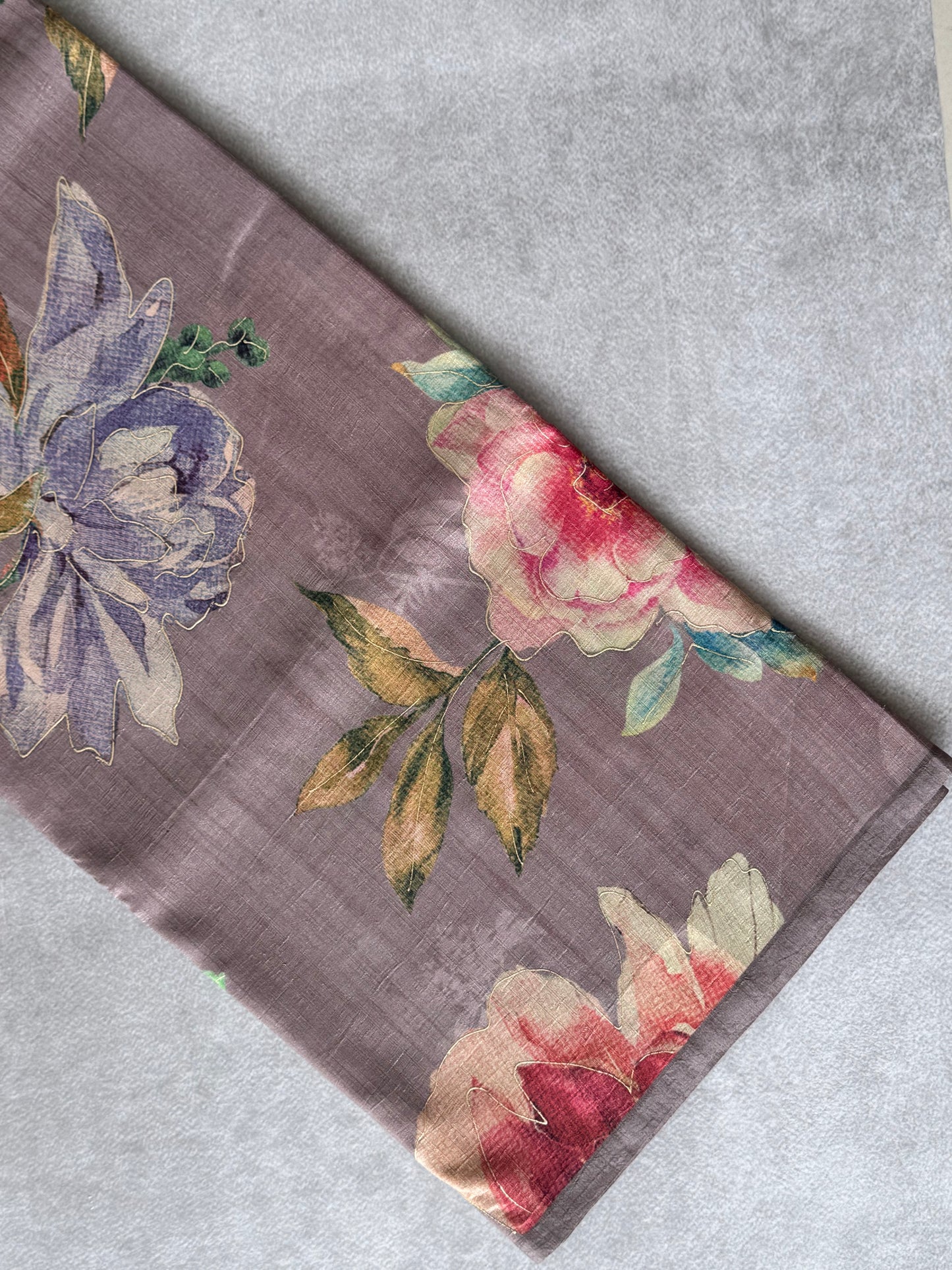 Lavender Floral Foil Printed Semi Tussar Saree