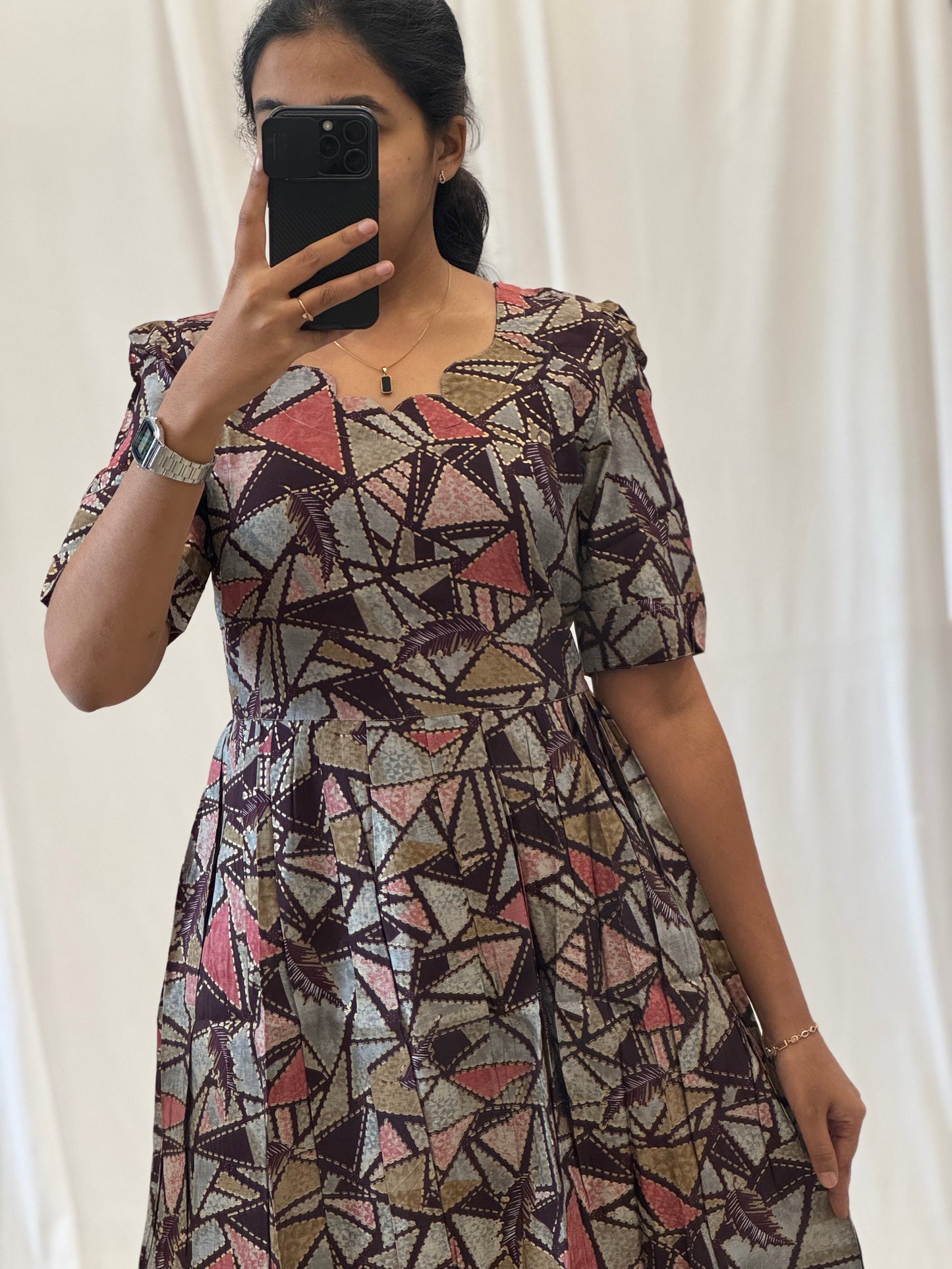 Geometric Printed Modal Chanderi Umbrella Kurti