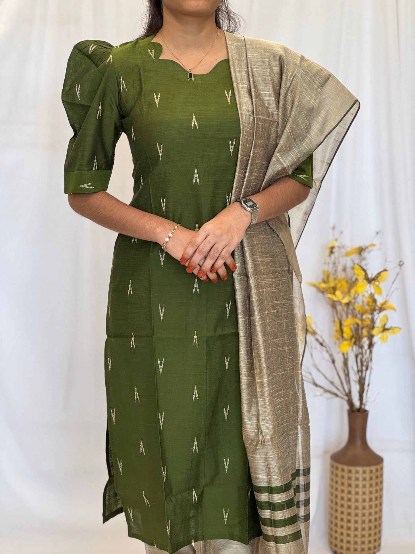 Handwoven Raw silk 3-Piece Set with Puff Sleeve