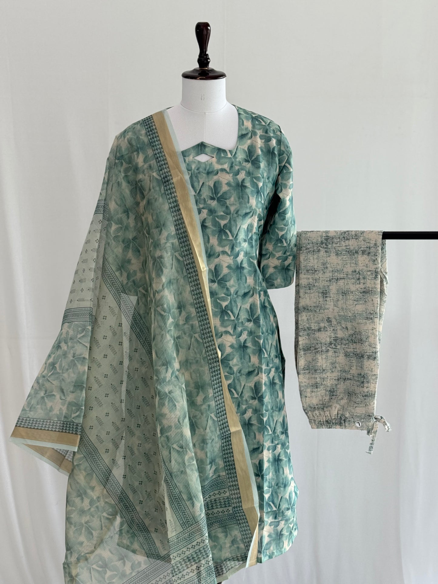 Blue Floral Soft Tissue Chanderi 3 Piece Set