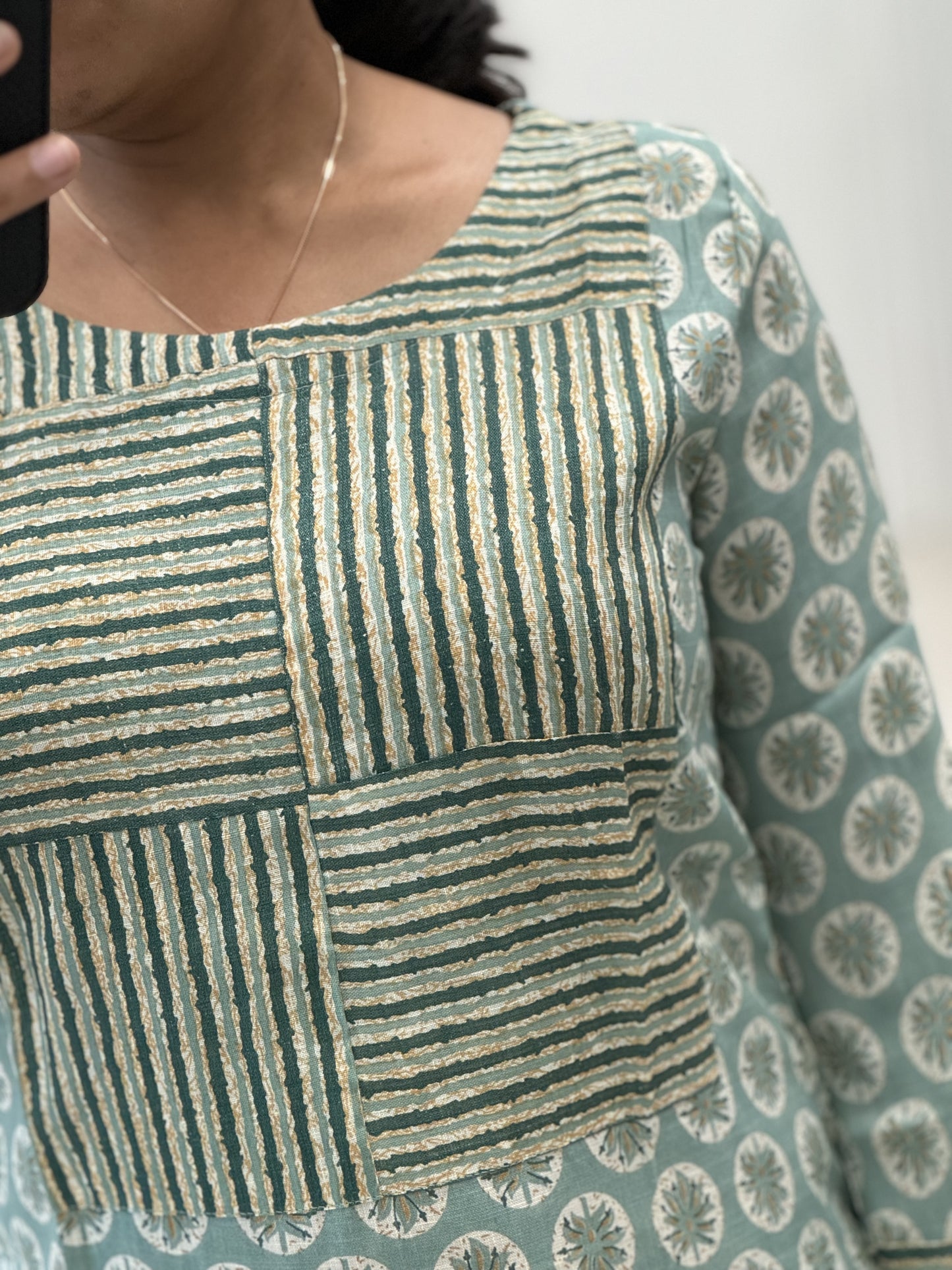 Floral Printed with Striped Patch Work Straight Kurti