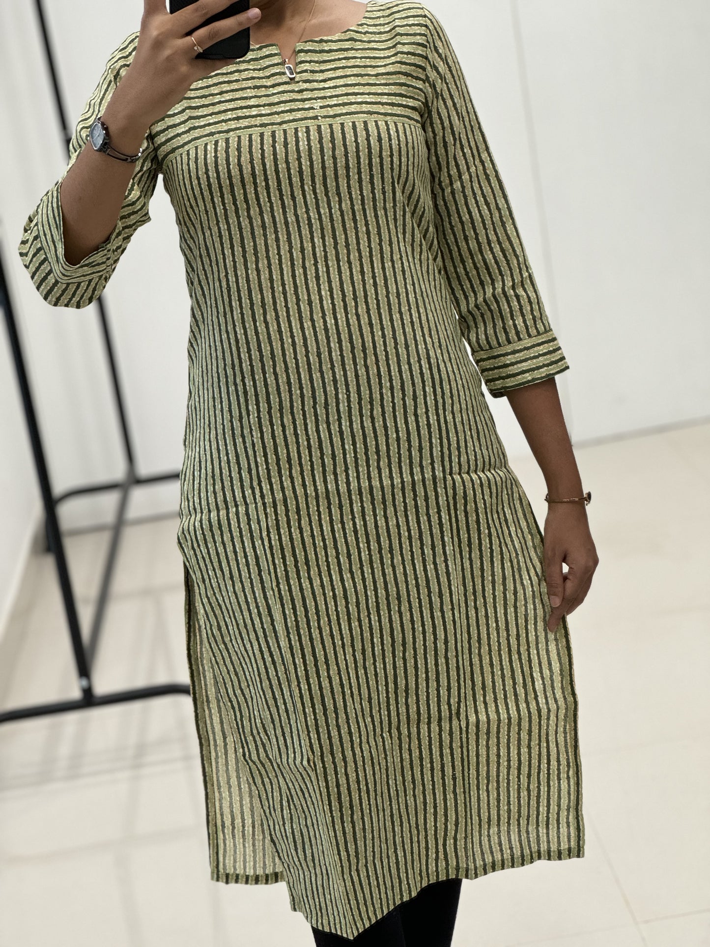 Striped Pure Cotton Kurti Top Vertical and Horizontal Pattern - Straight