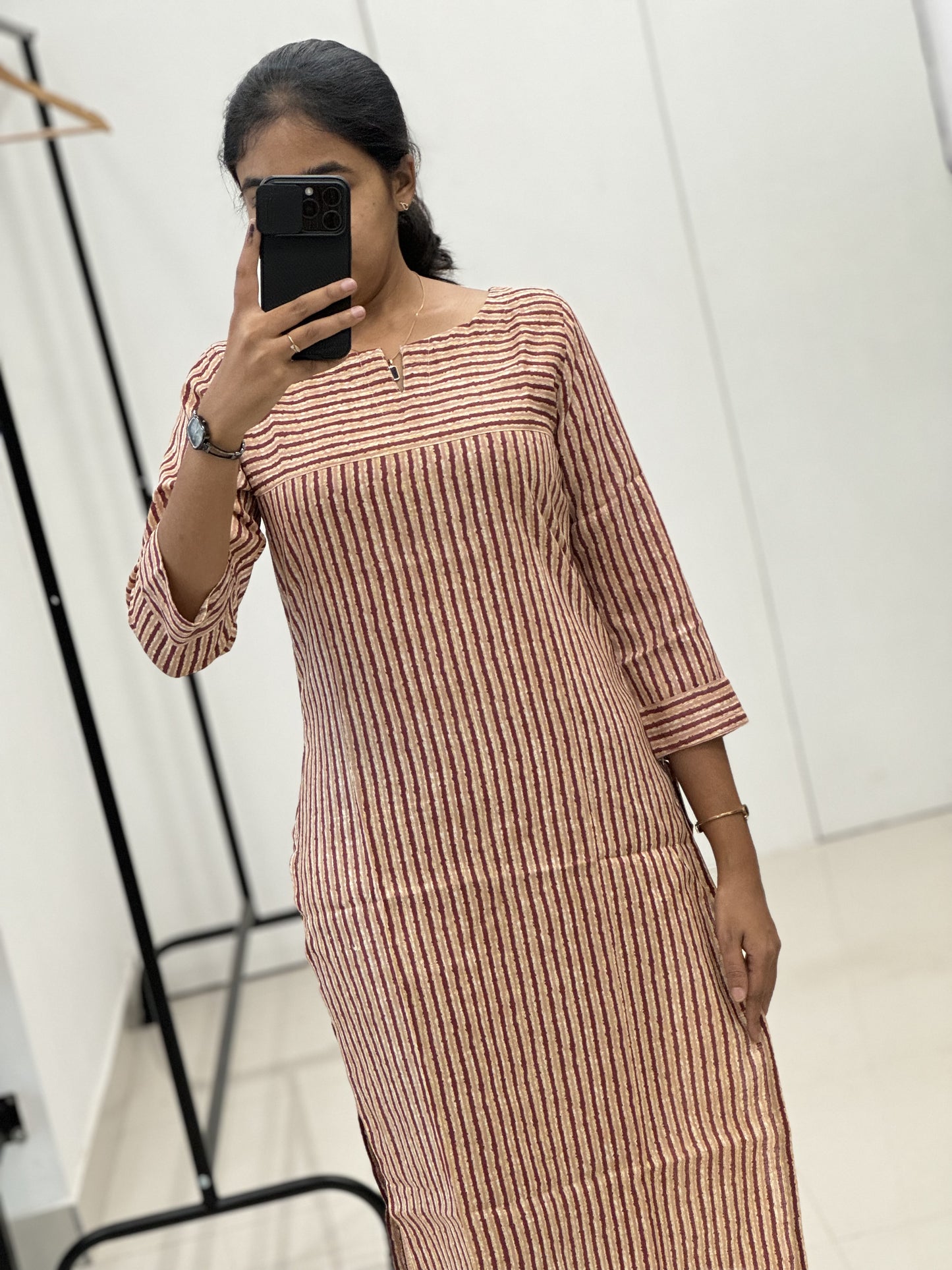Striped Pure Cotton Kurti Top Vertical and Horizontal Pattern - Straight