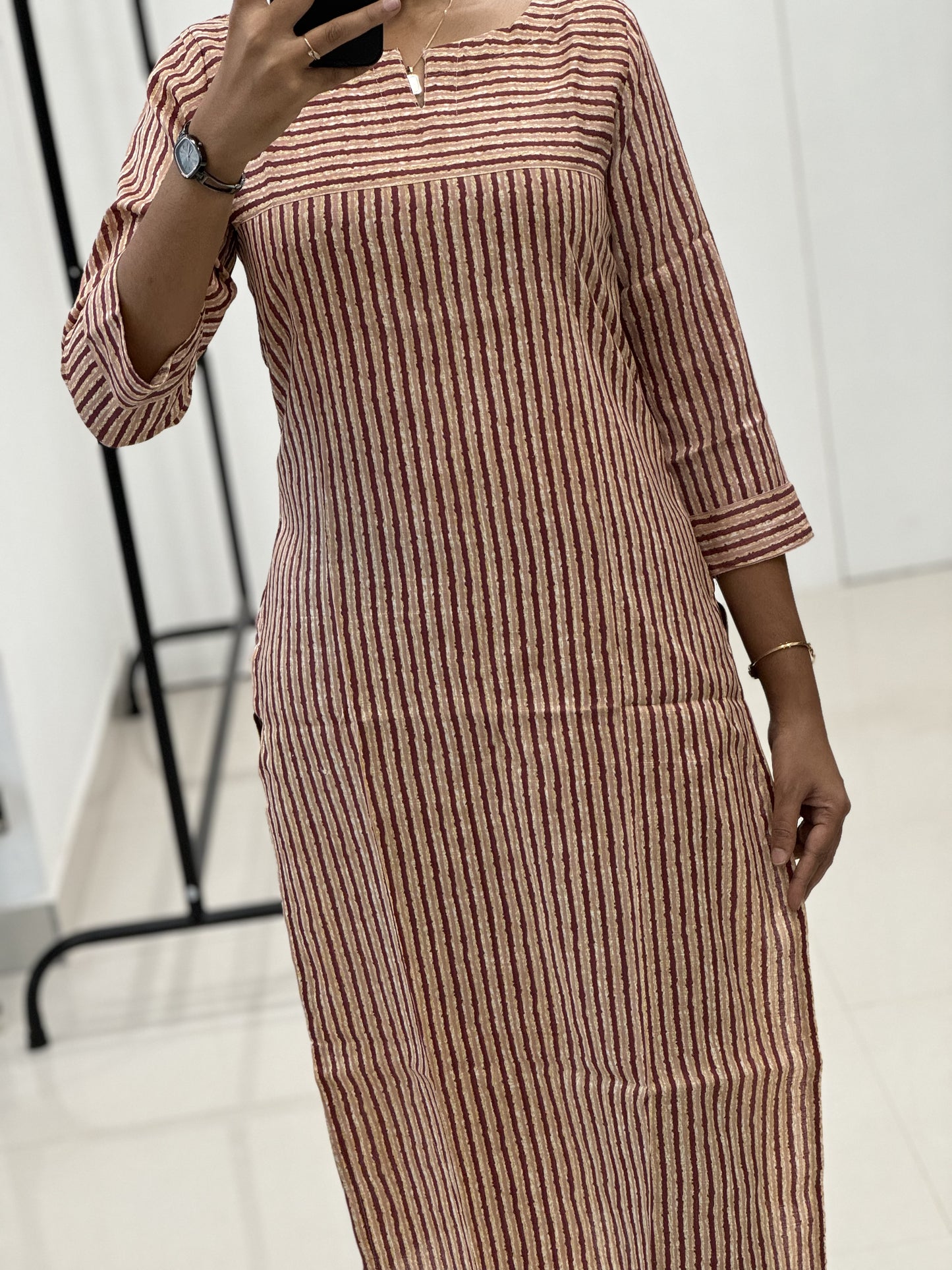 Striped Pure Cotton Kurti Top Vertical and Horizontal Pattern - Straight
