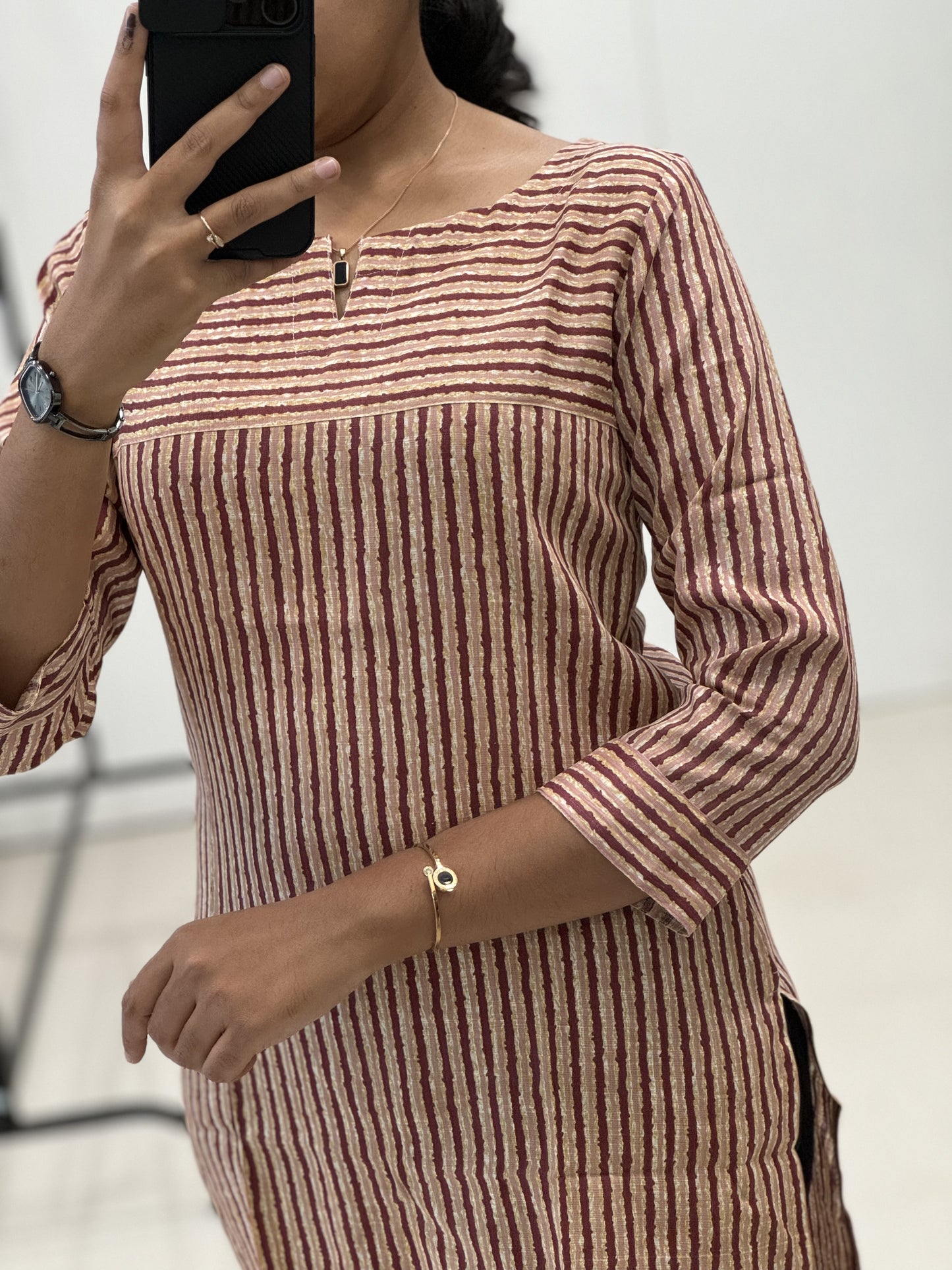 Striped Pure Cotton Kurti Top Vertical and Horizontal Pattern - Straight