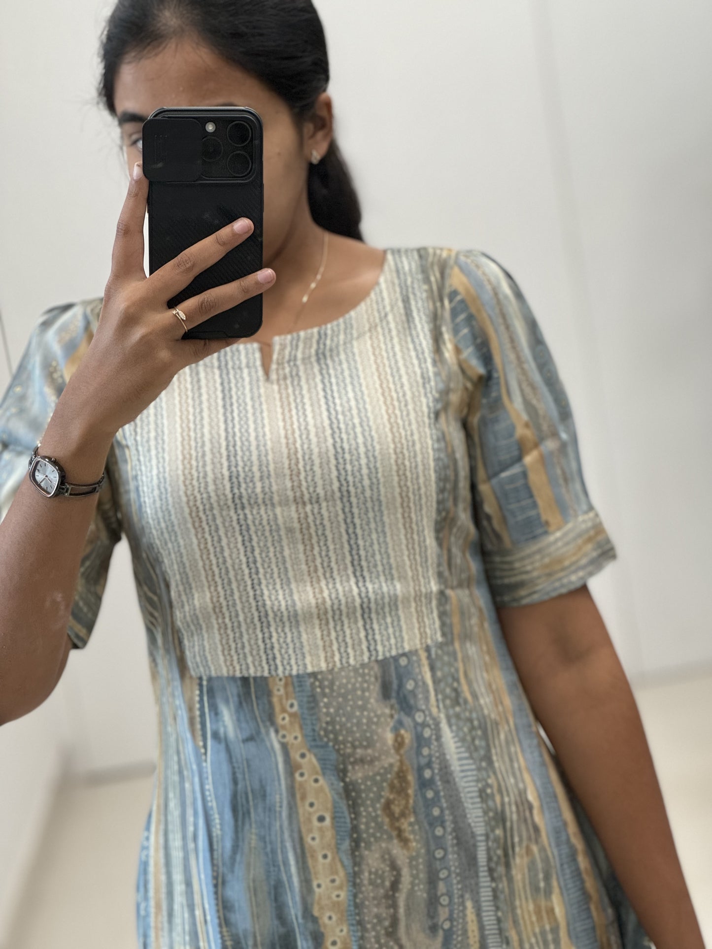 Rayon A Line Kurti - Marble Print - Blue