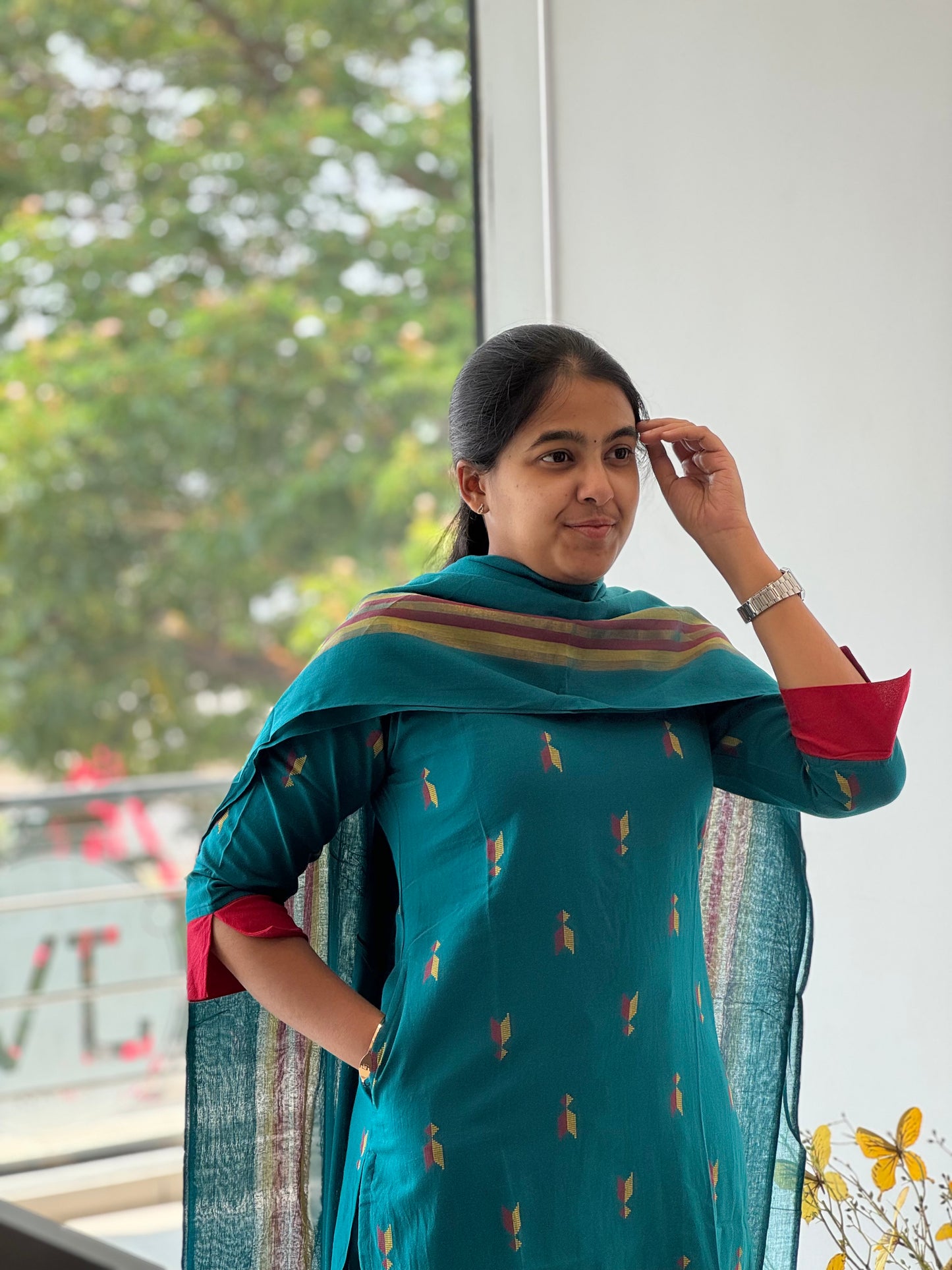Dark Peacock Teal Handloom Cotton 3 Piece Set