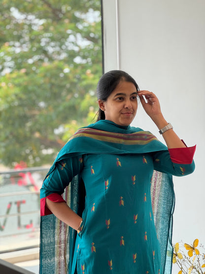 Dark Peacock Teal Handloom Cotton 3 Piece Set