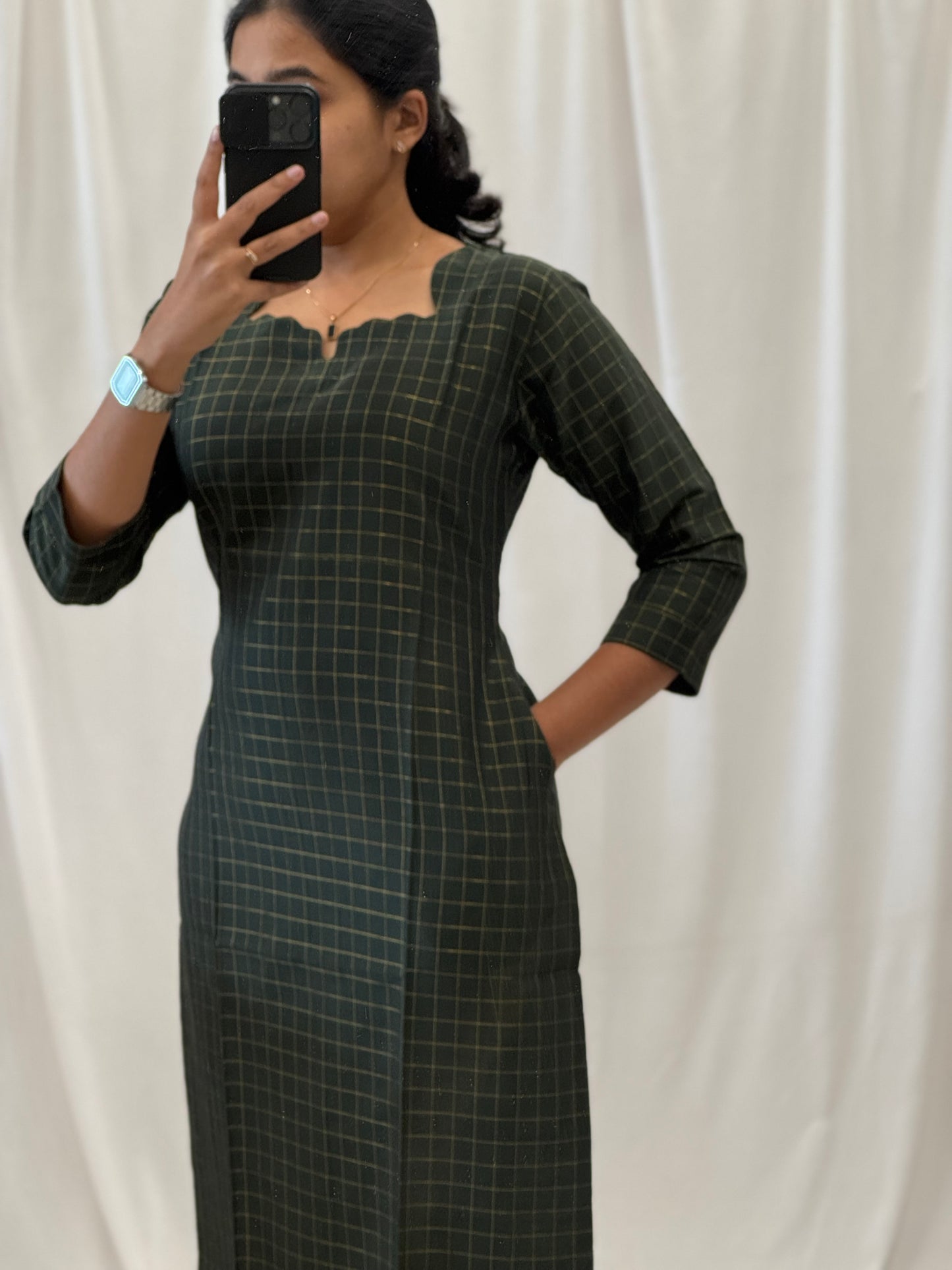 Checked Zari Raw Silk Straight Kurti