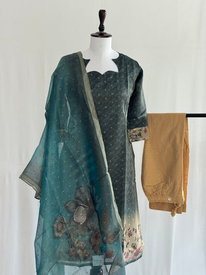 Black Olive with Pearl Border Tissue chanderi 3 Piece Set