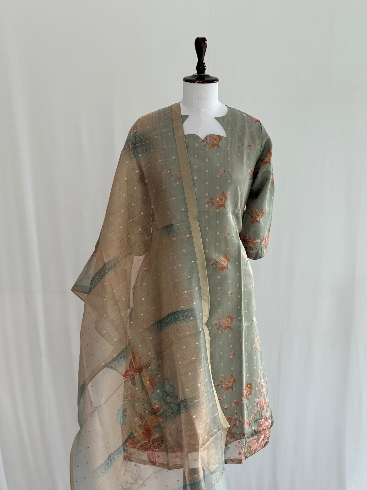 Camouflage Green with Golden Butta Tissue Chanderi 3 Piece Set