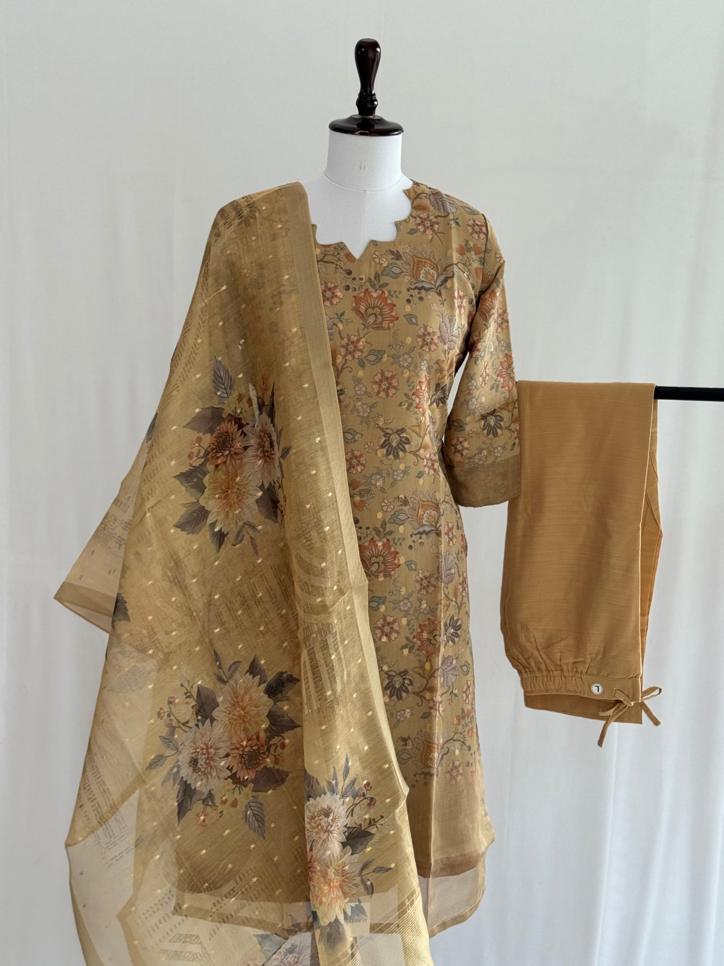 Pale Brown Floral Tissue Chanderi 3 Piece Set