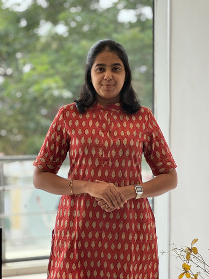 Crimson Red Handblock Cotton Kurti with Chinese Collar