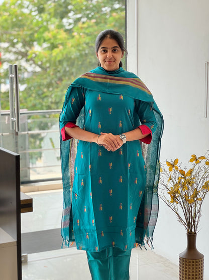 Dark Peacock Teal Handloom Cotton 3 Piece Set
