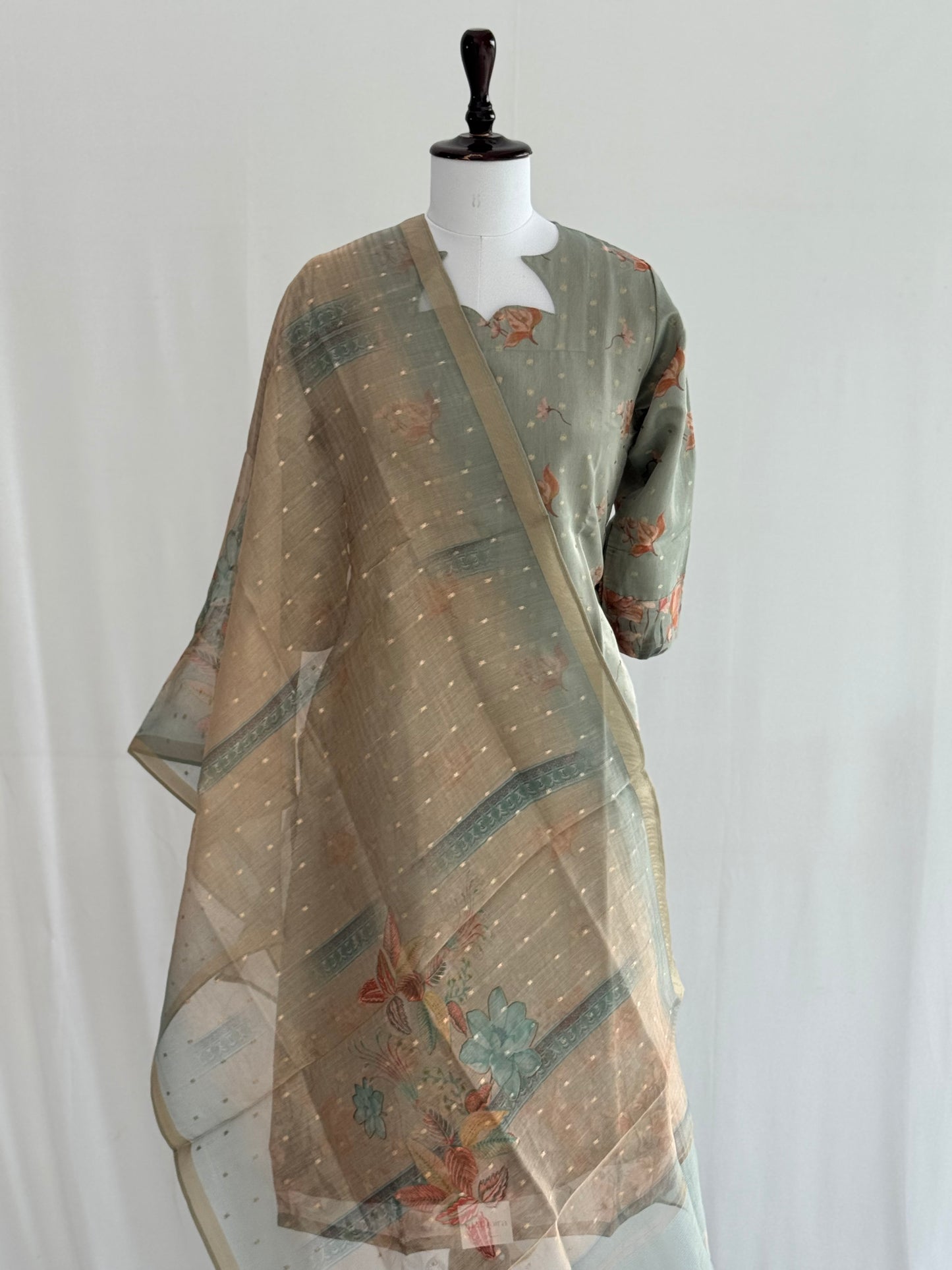 Camouflage Green with Golden Butta Tissue Chanderi 3 Piece Set