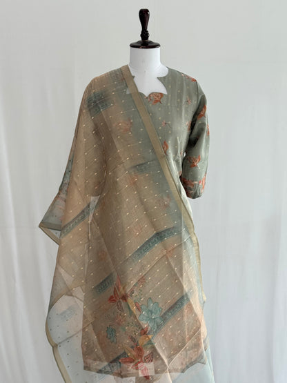 Camouflage Green with Golden Butta Tissue Chanderi 3 Piece Set