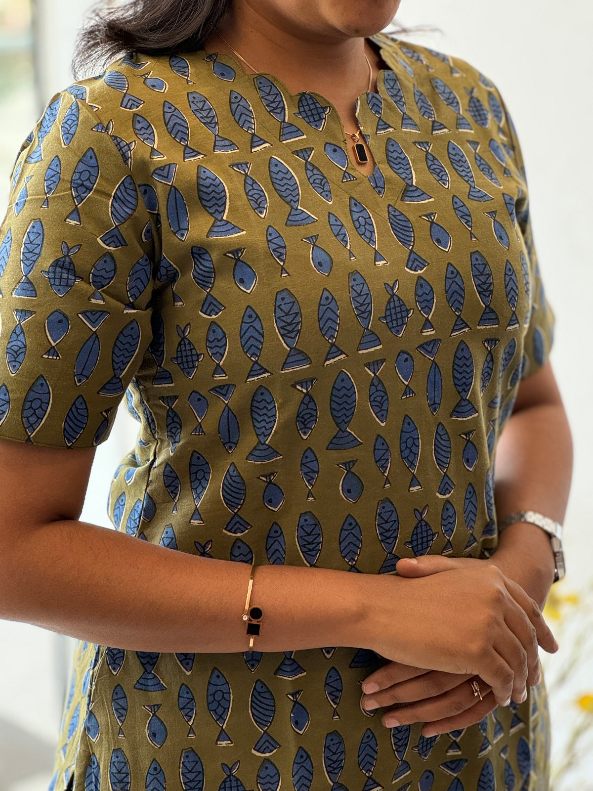 Muted Olive Green Handblock Cotton Kurti