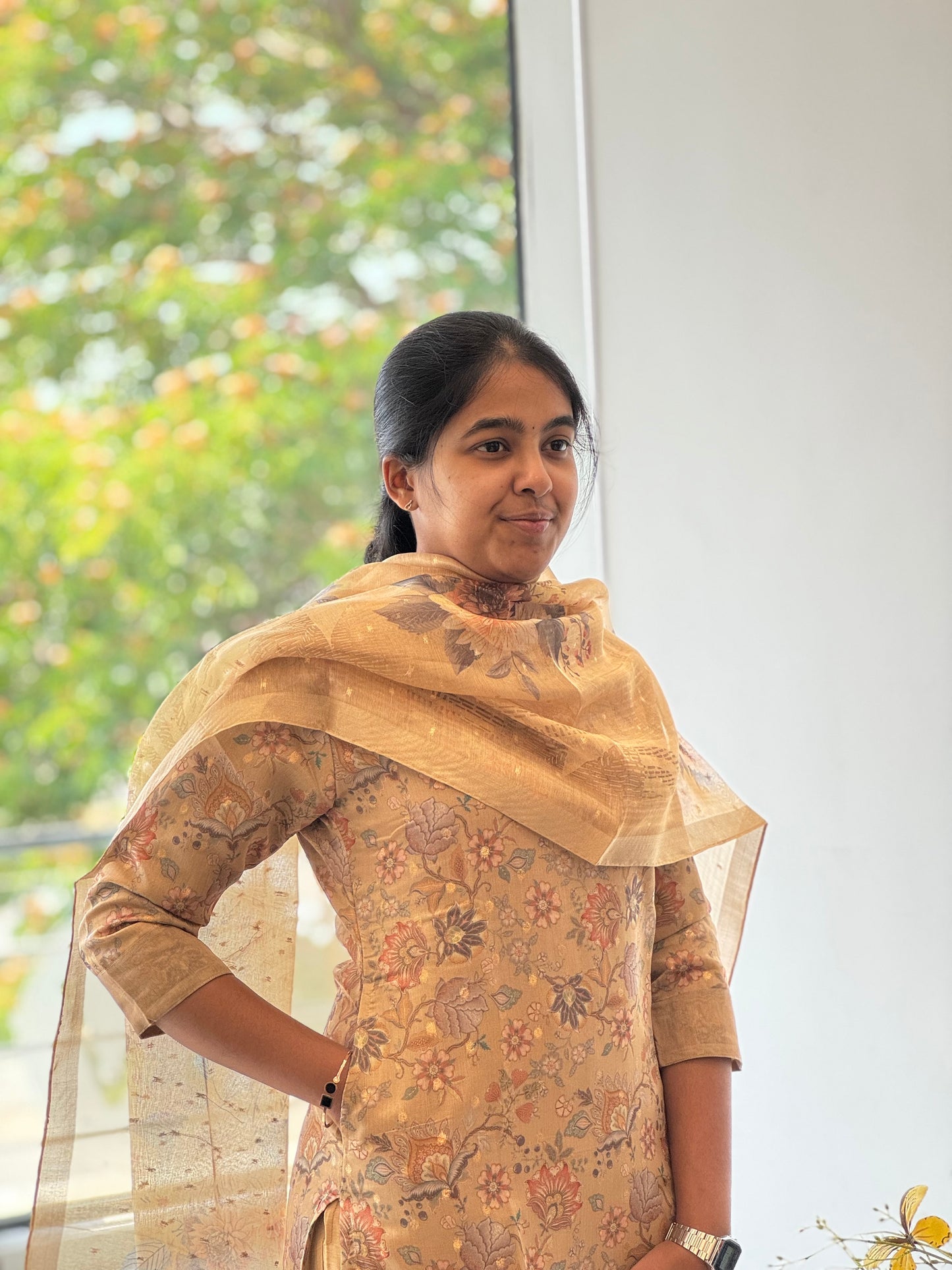 Pale Brown Floral Tissue Chanderi 3 Piece Set