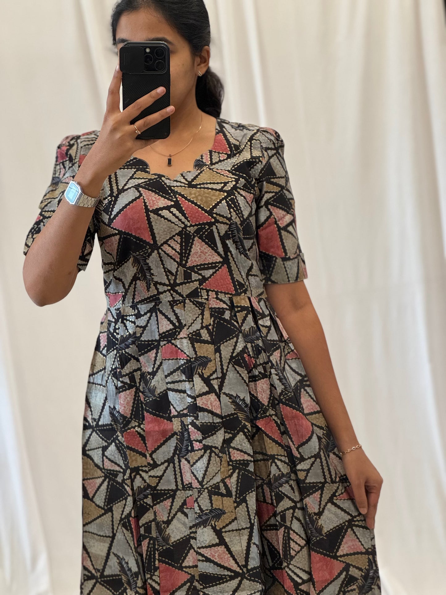 Geometric Printed Modal Chanderi Umbrella Kurti