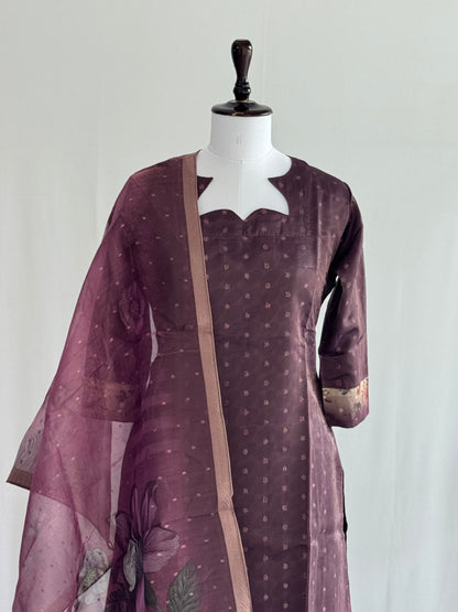 Old Burgundy with Pearl Border Tissue chanderi 3 Piece Set