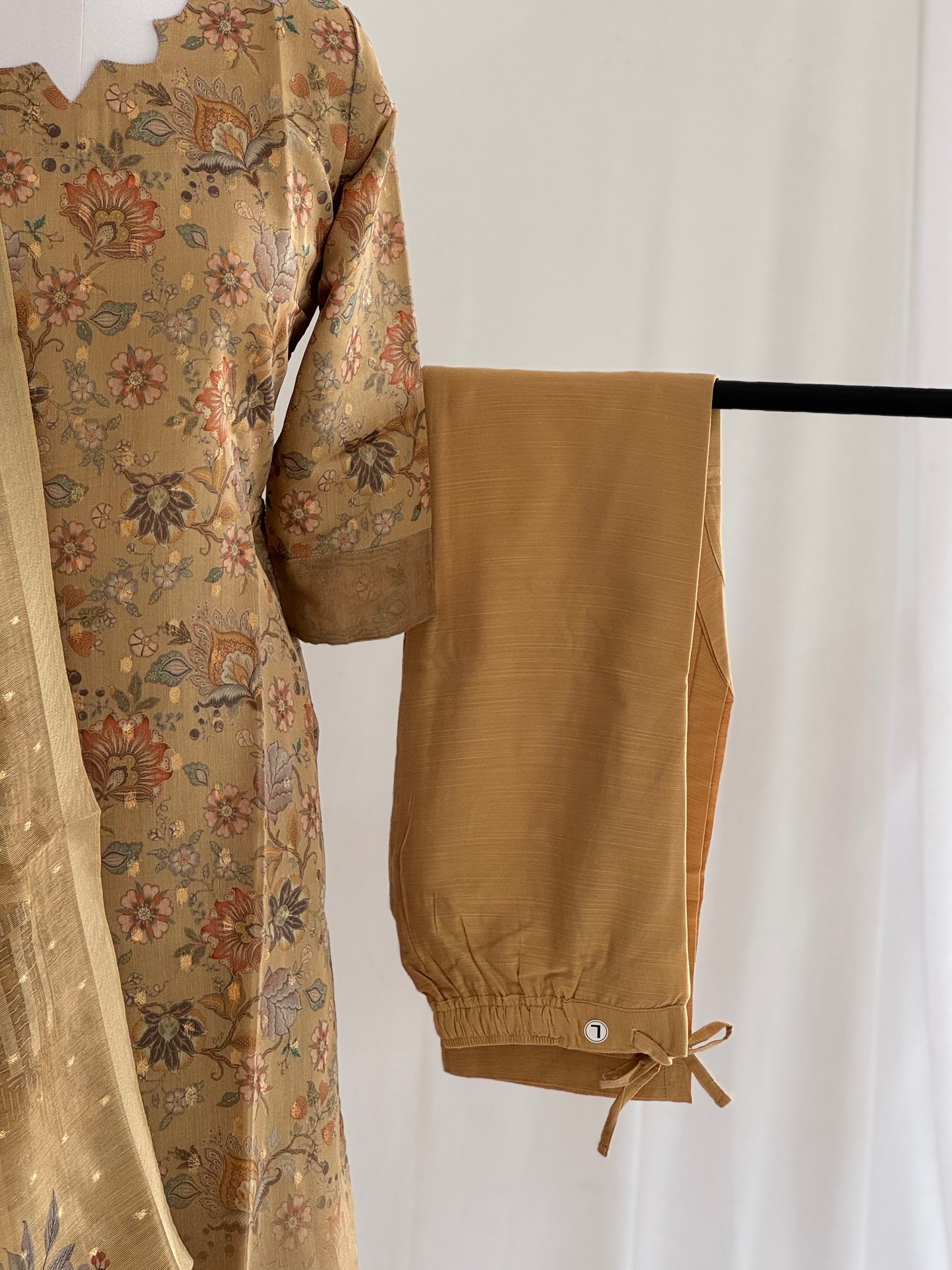 Pale Brown Floral Tissue Chanderi 3 Piece Set