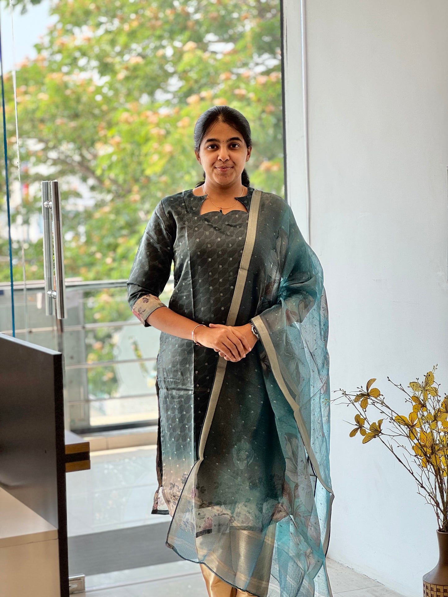 Black Olive with Pearl Border Tissue chanderi 3 Piece Set