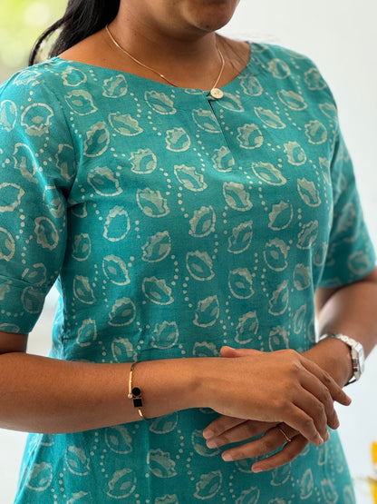 Teal Blue Handblock Cotton Kurti