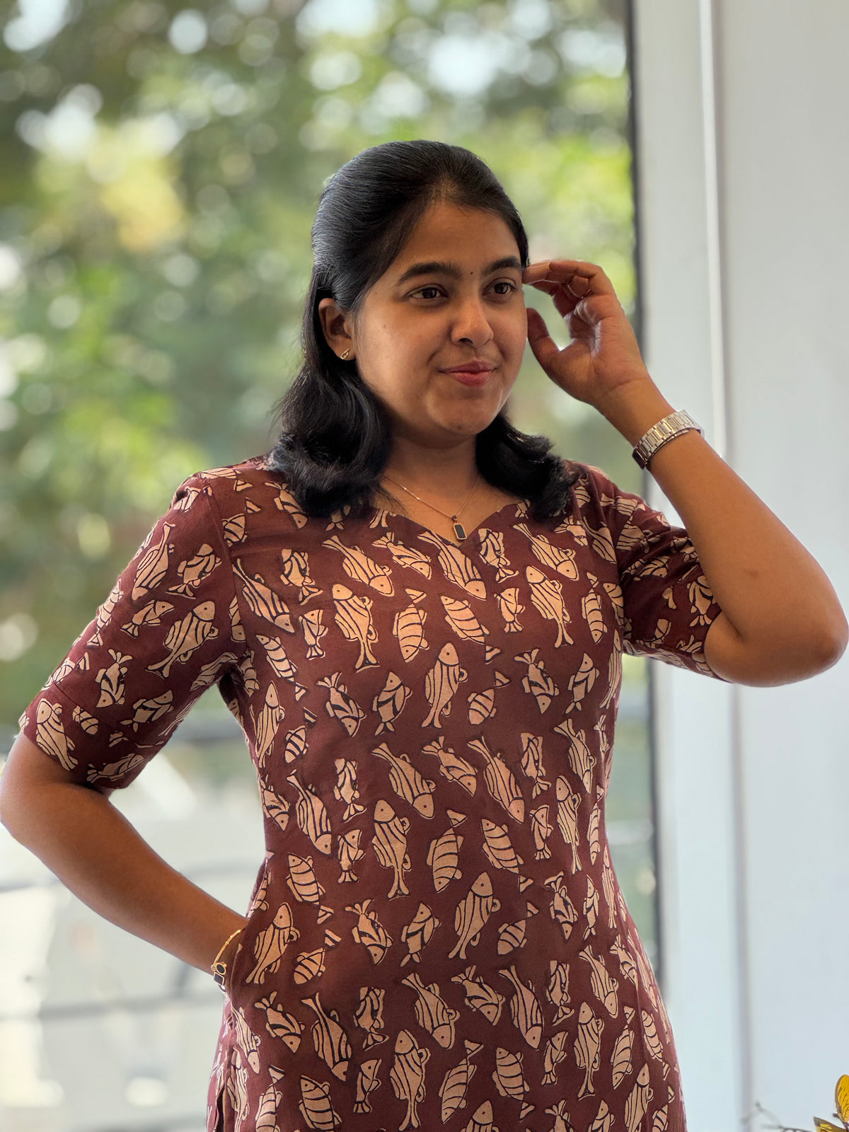 Terracotta Brown Handblock Cotton Kurti