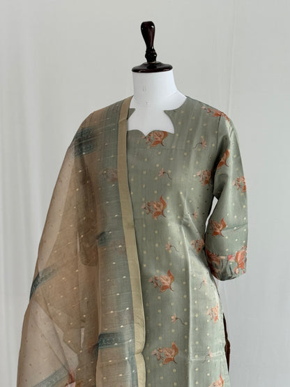 Camouflage Green with Golden Butta Tissue Chanderi 3 Piece Set