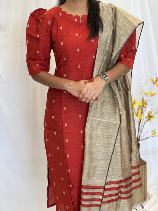 Handwoven Raw silk 3-Piece Set with Puff Sleeve