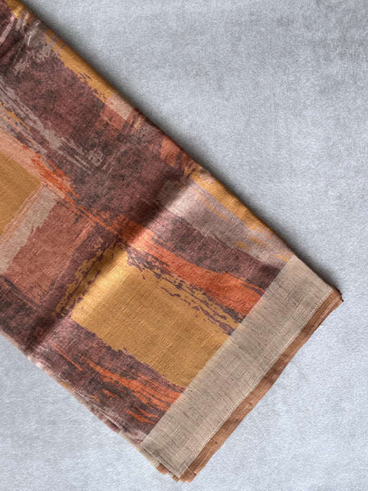 Orange Yellow Abstract Printed Semi Tusser Saree