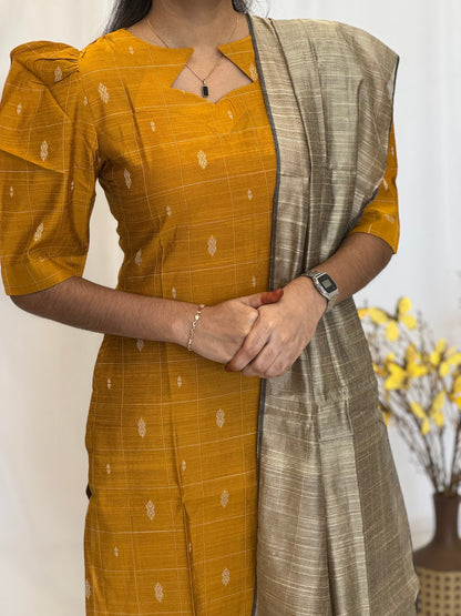 Handwoven Raw silk 3-Piece Set with Puff Sleeve